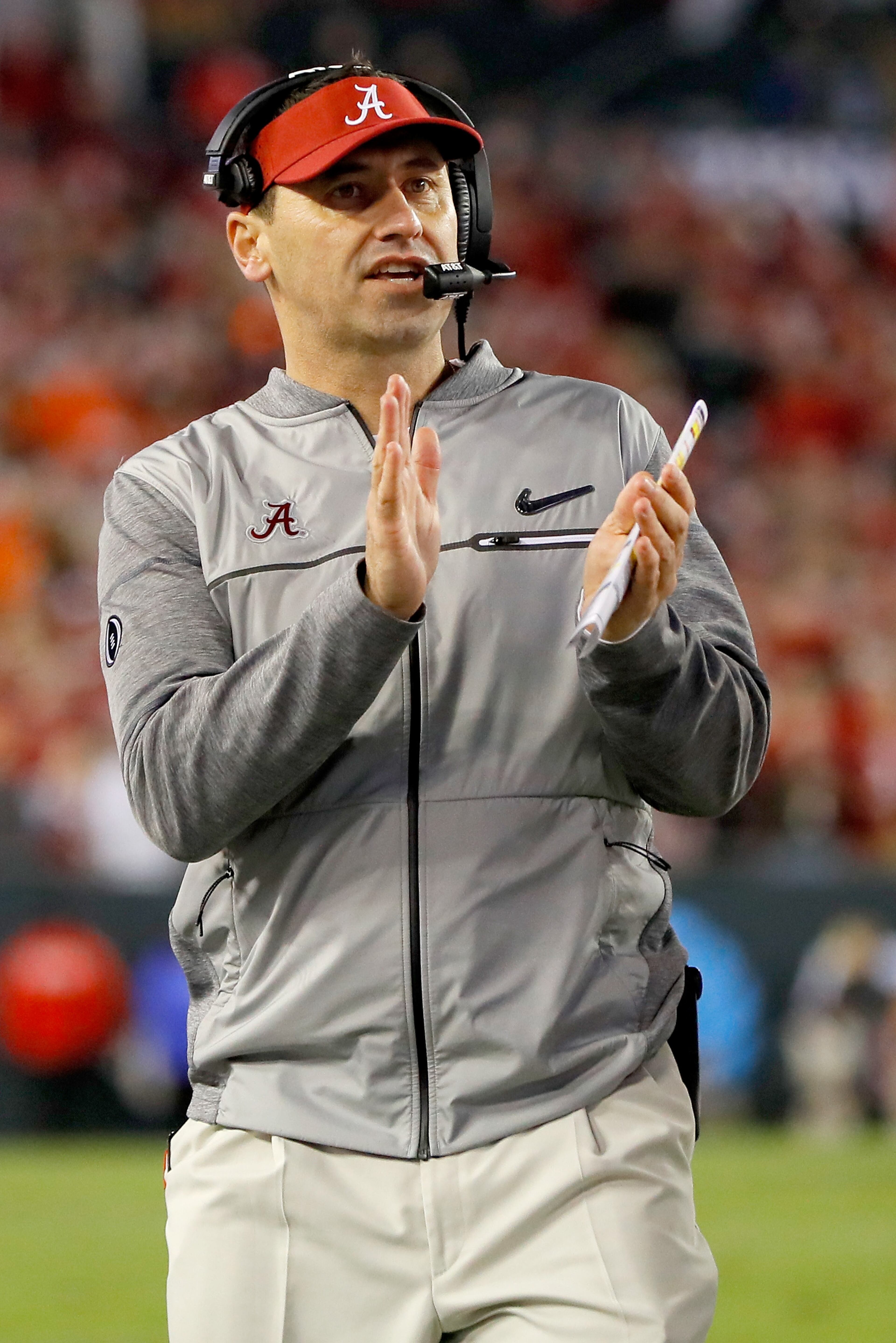 TAMPA, FL - JANUARY 09: Offensive coordinator Steve Sarkisian of the Alabama Crimson Tide reacts during the second half of the 2017 College Football Playoff National Championship Game against the Clemson Tigers at Raymond James Stadium on January 9, 2017 in Tampa, Florida. (Photo by Kevin C. Cox/Getty Images)