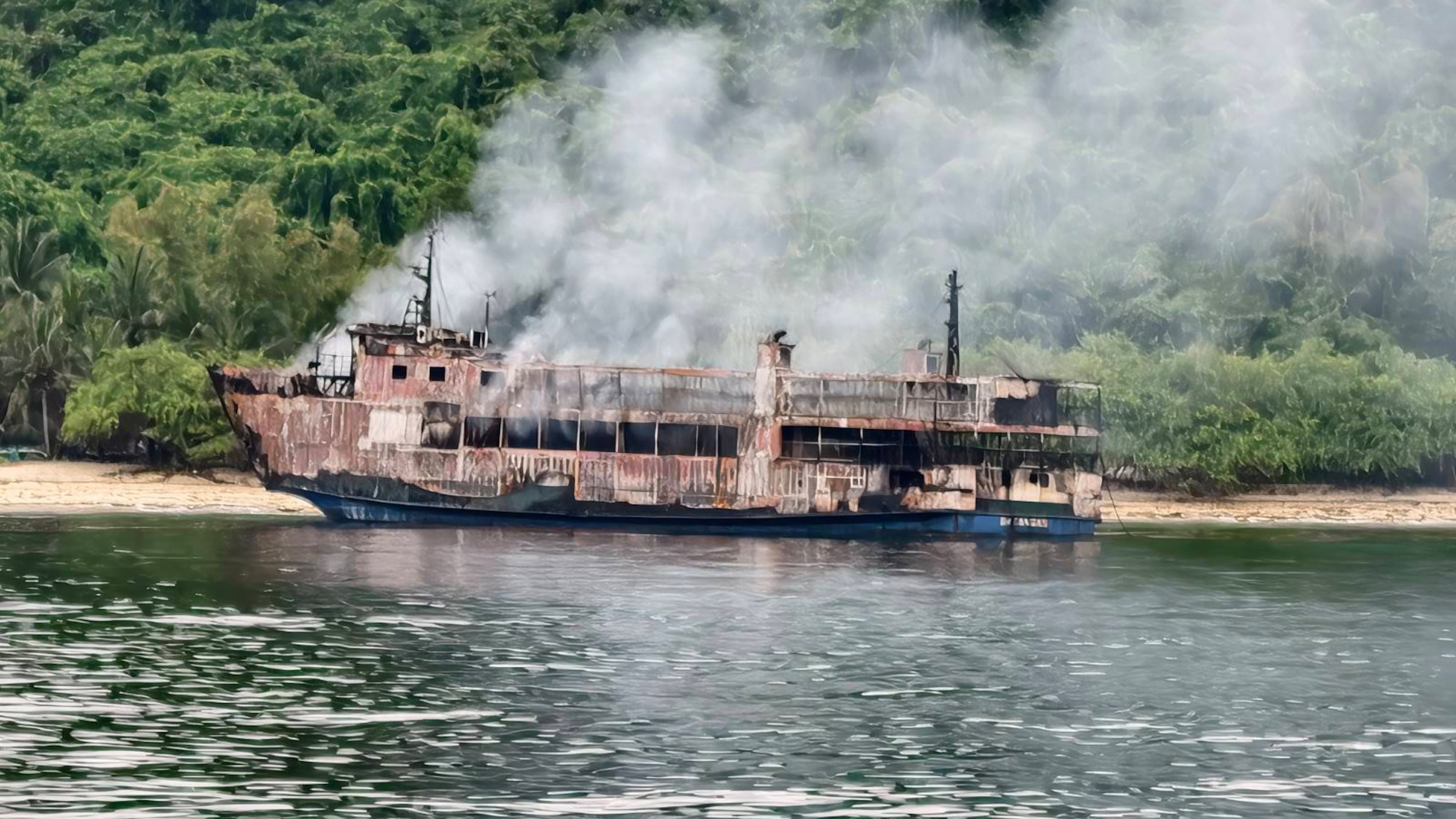 In this photo provided by the Philippine Coast Guard, ferry MV June Aster smolders off Palawan province, western Philippines, Friday, Sept. 11, 2026, days after it caught fire. (Philippine Coast Guard via AP)