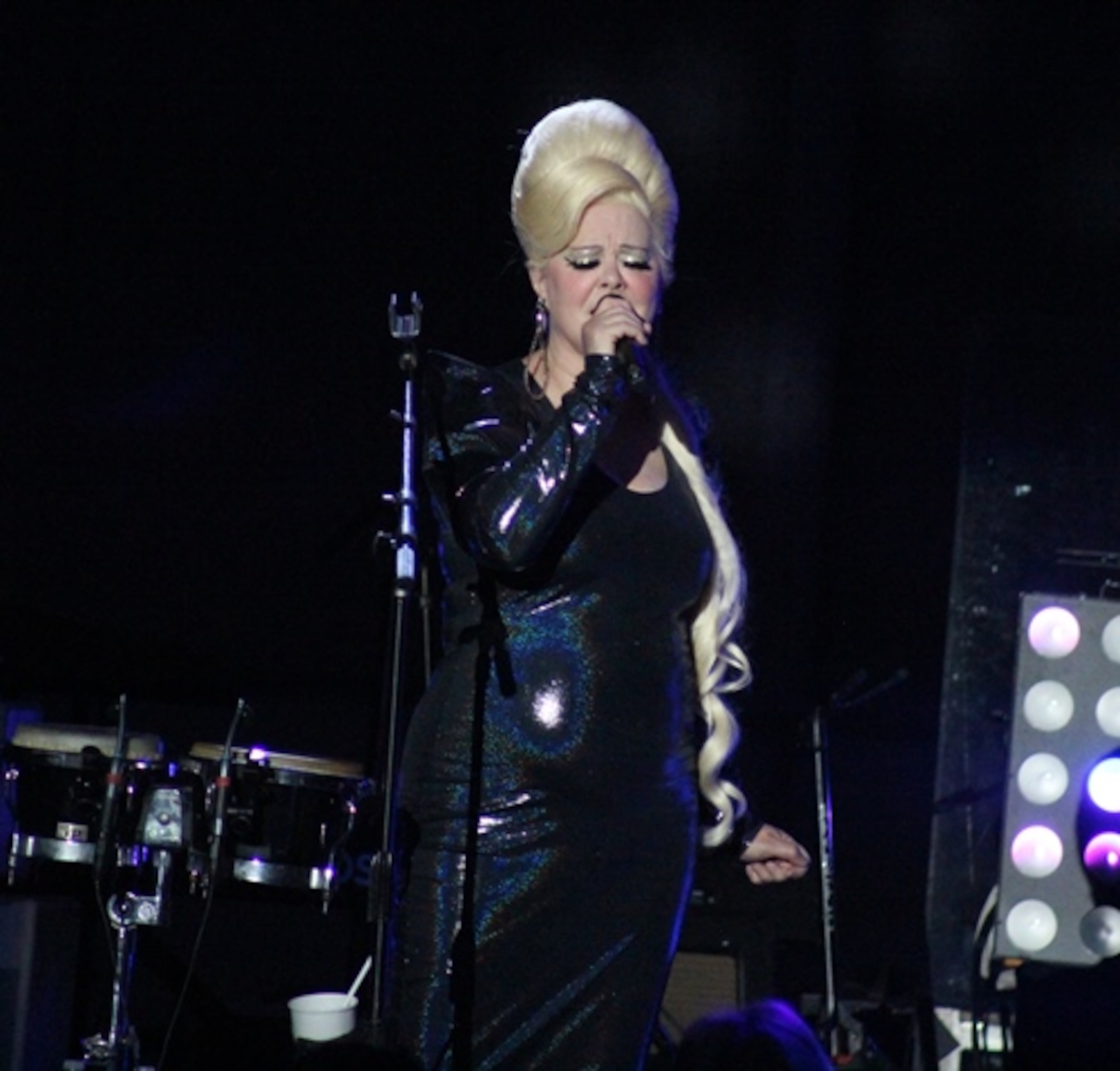 The B-52s (Cindy Wilson shown) joined Culture Club and Tom Bailey of The Thompson Twins for a rainy, sold-out show at State Bank Amphitheatre at Chastain Park on July 22, 2018. Photo: Melissa Ruggieri/AJC