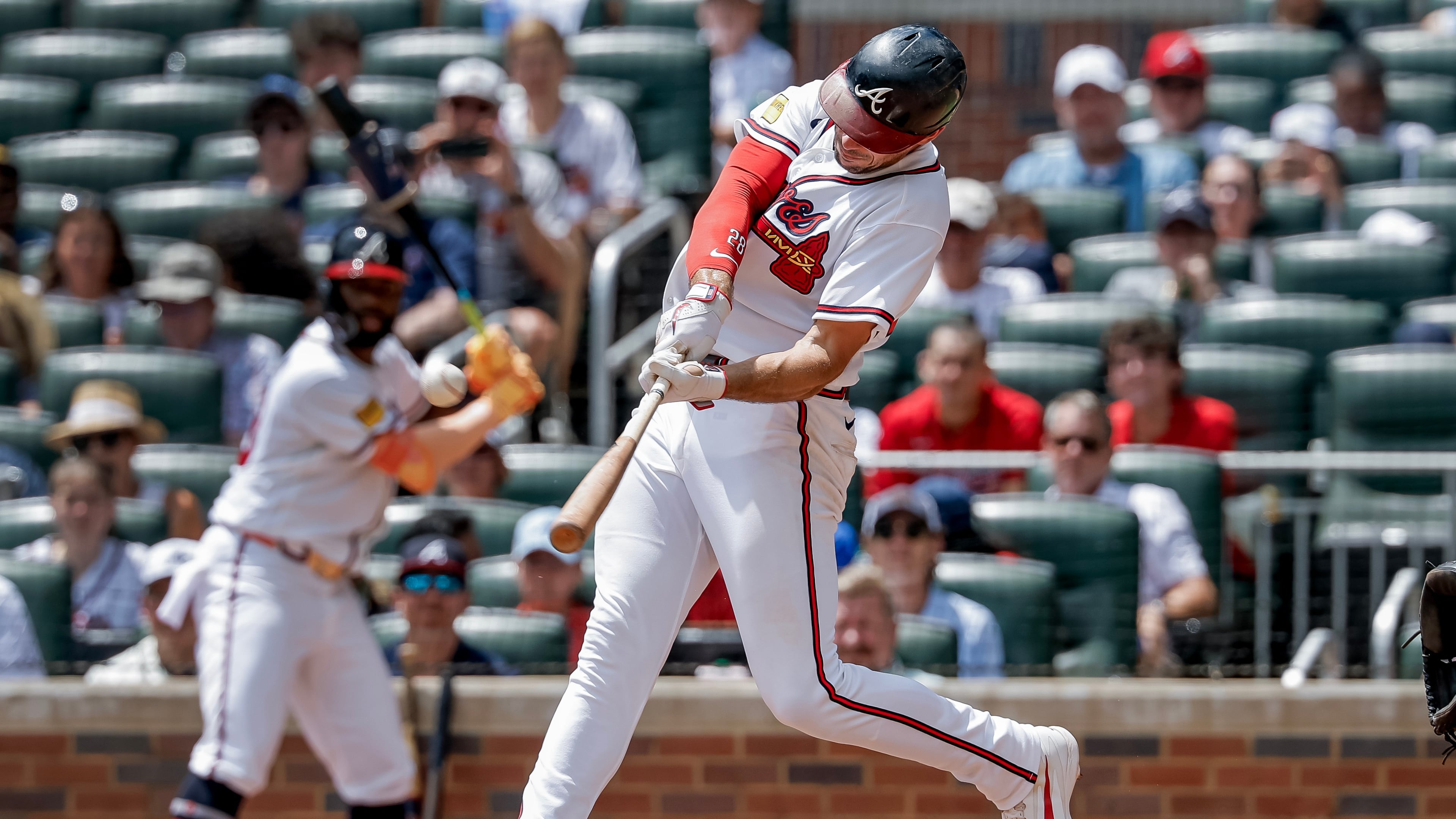 Atlanta Braves' Matt Olson hits a solo home run against the Washington Nationals during the fourth inning of a baseball game, Sunday, Aug. 2, 2026, in Atlanta. (AP Photo/Erik S. Lesser)