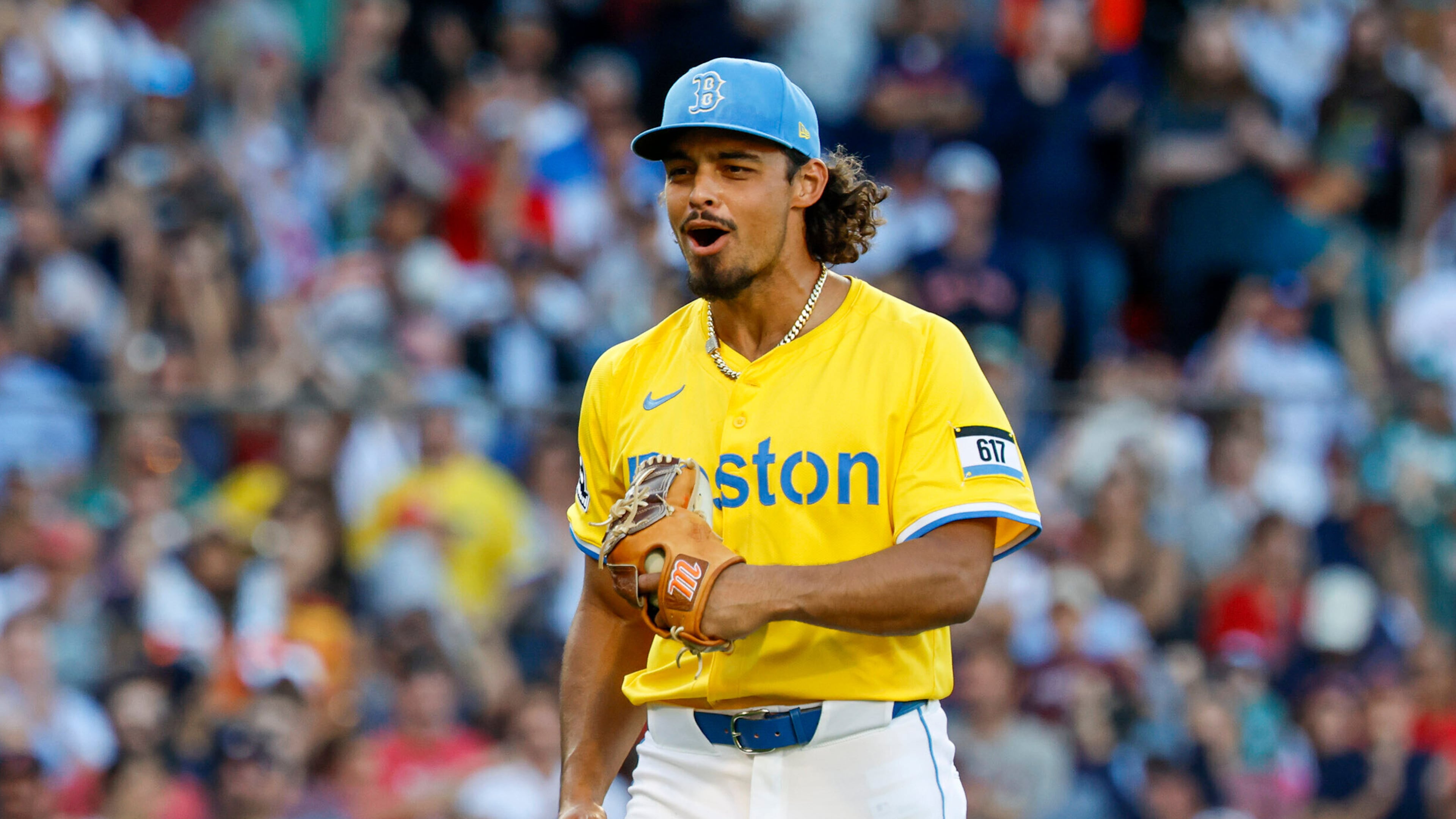 FILE - Boston Red Sox's Jordan Hicks reacts after striking out Houston Astros' Carlos Correa in the eighth inning of a baseball game, Aug. 2, 2025, in Boston. (AP Photo/Greg M. Cooper, File)