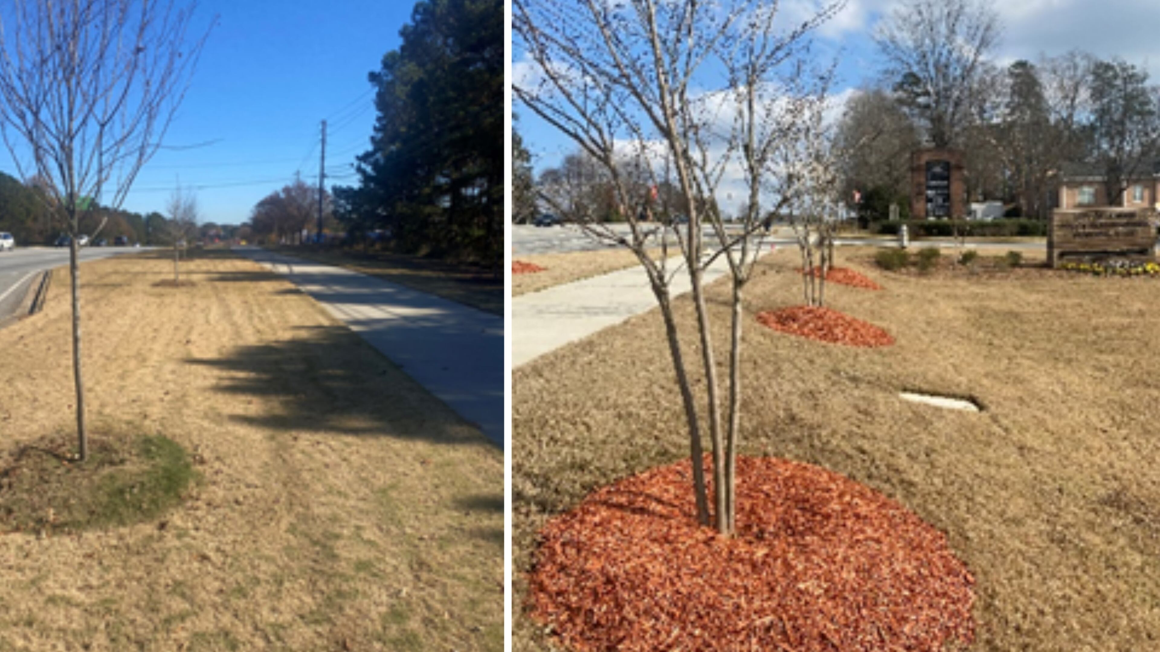 The Lilburn Community Improvement District recently engaged with Russell Landscape Group to provide fresh mulch to spruce up the trees and sidewalks near the Lilburn Police Department. (Courtesy Lilburn CID)