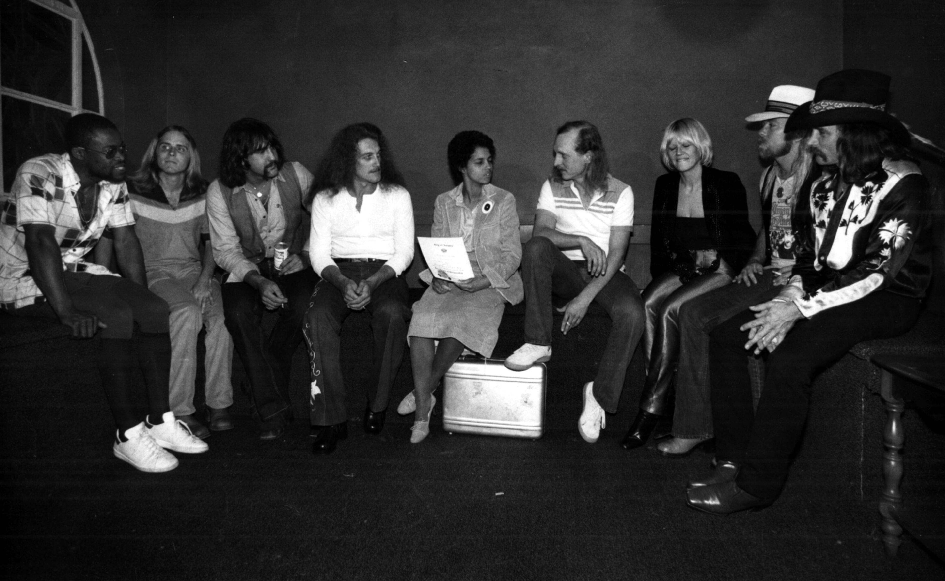 April 11, 1978 -(L-R) Jaimoe, David Goldflies, Jim Essery, Dan Toler, Shirley Franklin, Butch Trucks, Bonnie Bramlett, Gregg Allman, Dickey Betts.