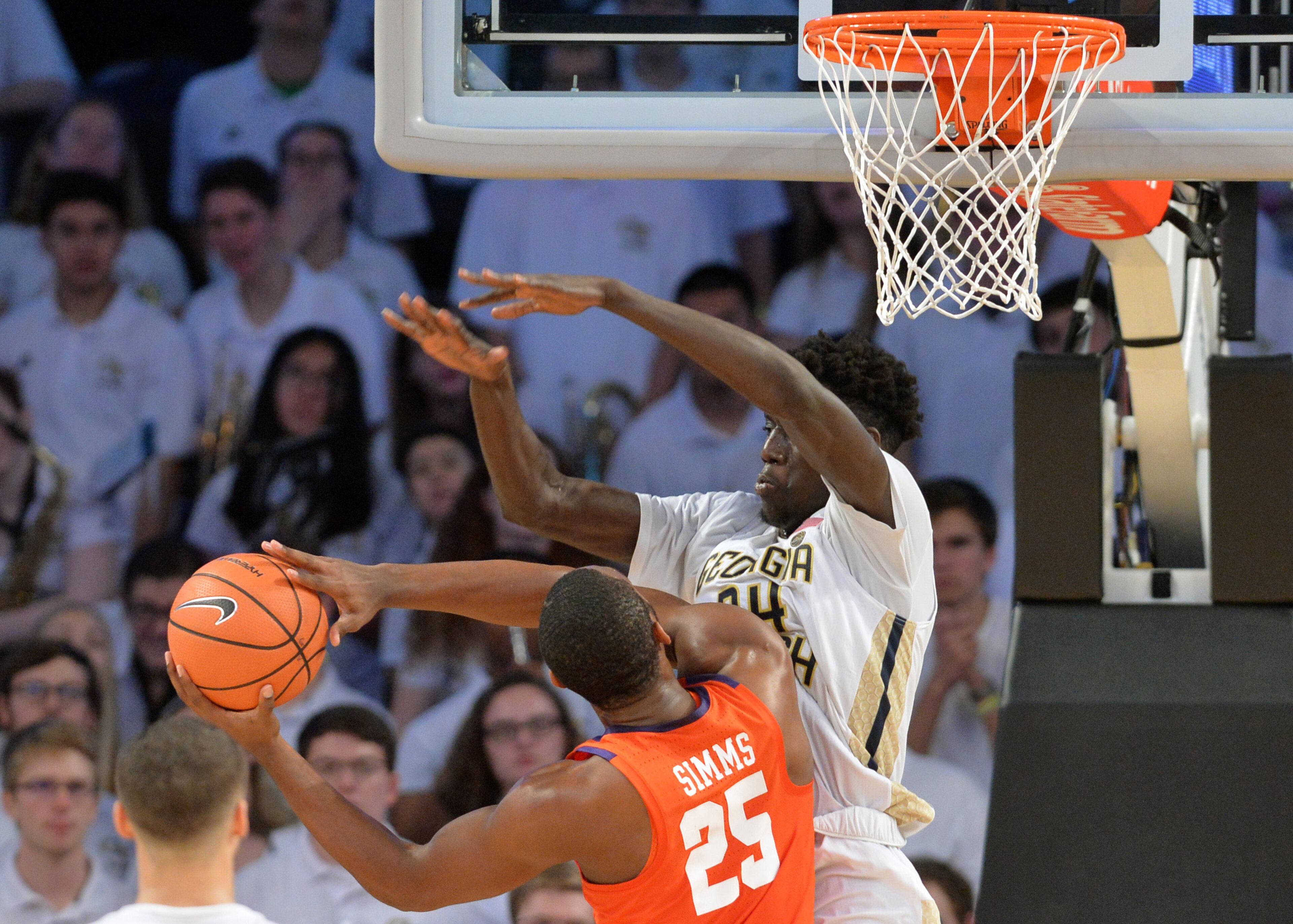 January 28, 2018 Atlanta - Clemson forward Aamir Simms (25) tries to shoot against Georgia Tech forward Sylvester Ogbonda (24) during the second in a NCAA college basketball game at McCamish Pavilion in Atlanta on Sunday, January 28, 2018. Clemson won 72-70 over the Georgia Tech. HYOSUB SHIN / HSHIN@AJC.COM