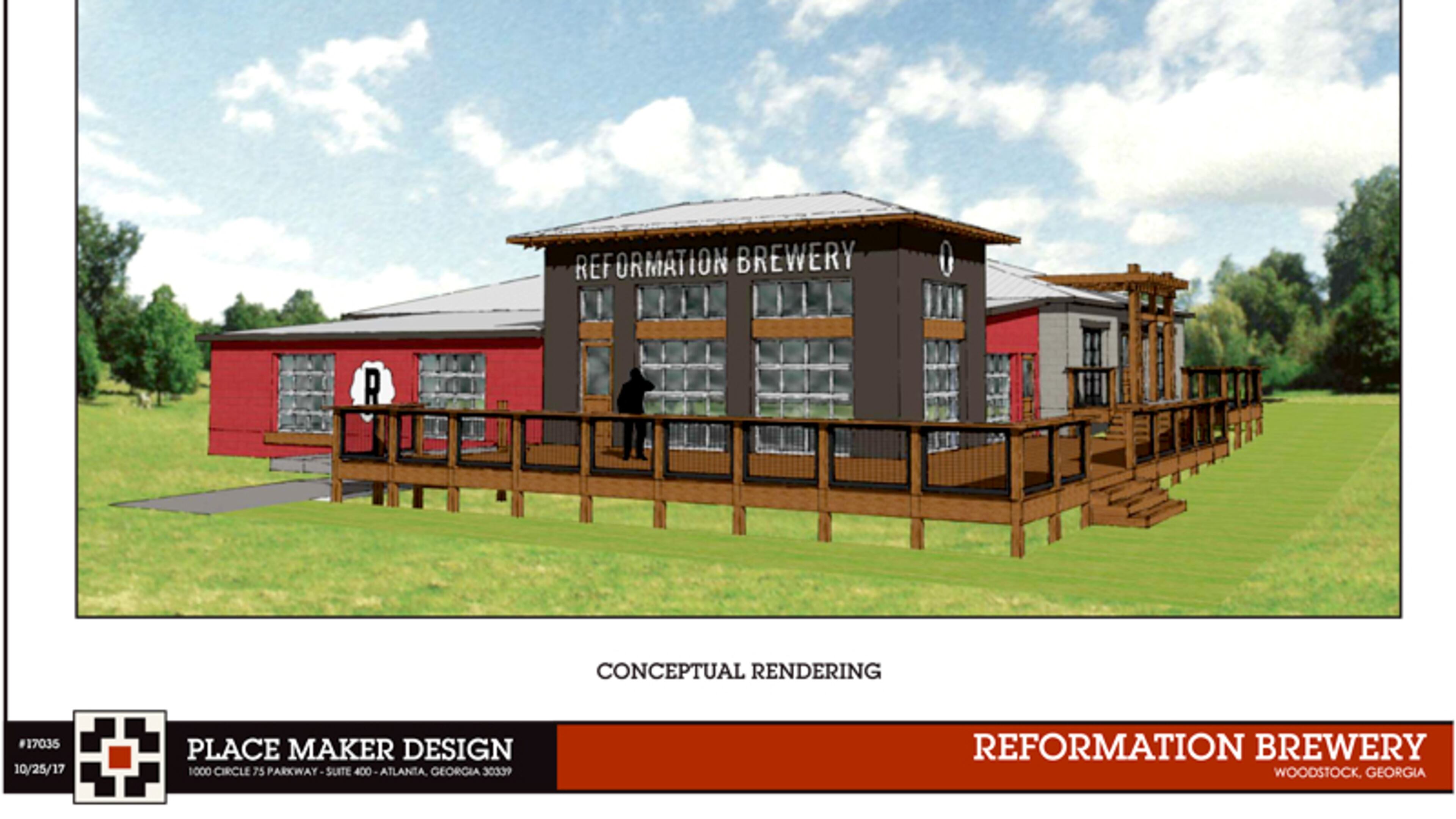 Architect’s rendering depicts the small-batch brewery with outdoor seating that Reformation Brewery plans to construct in a former warehouse in downtown Woodstock. CITY OF WOODSTOCK