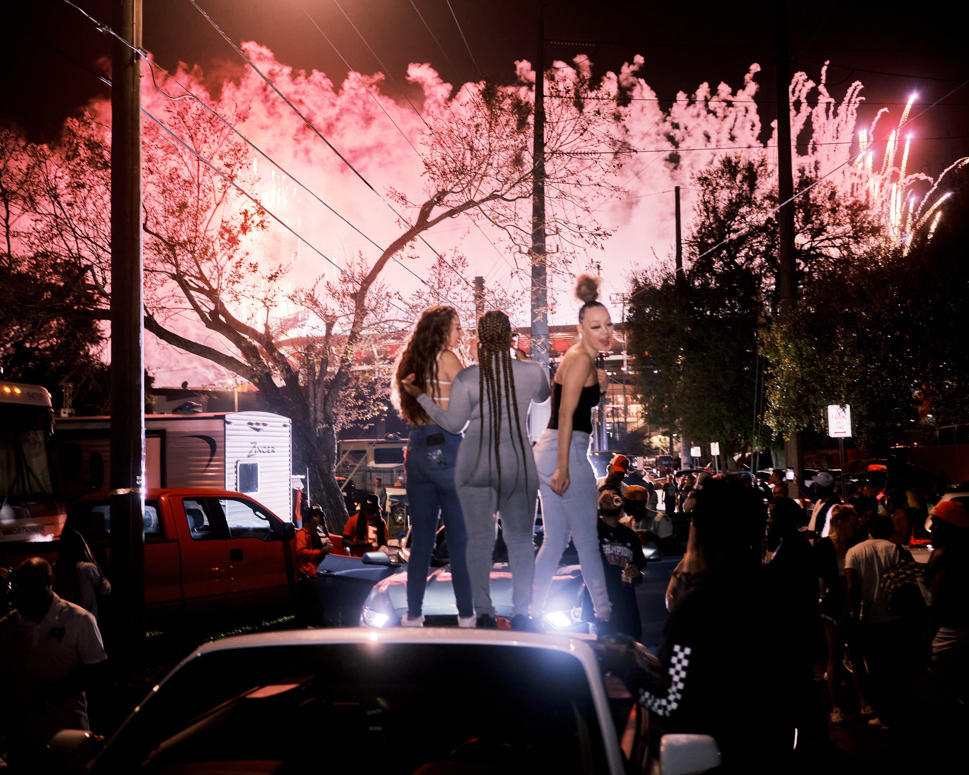 Buccaneers fans celebrate outside Raymond James Stadium after Tampa Bay won Super Bowl 55. (Zack Wittman/The New York Times)