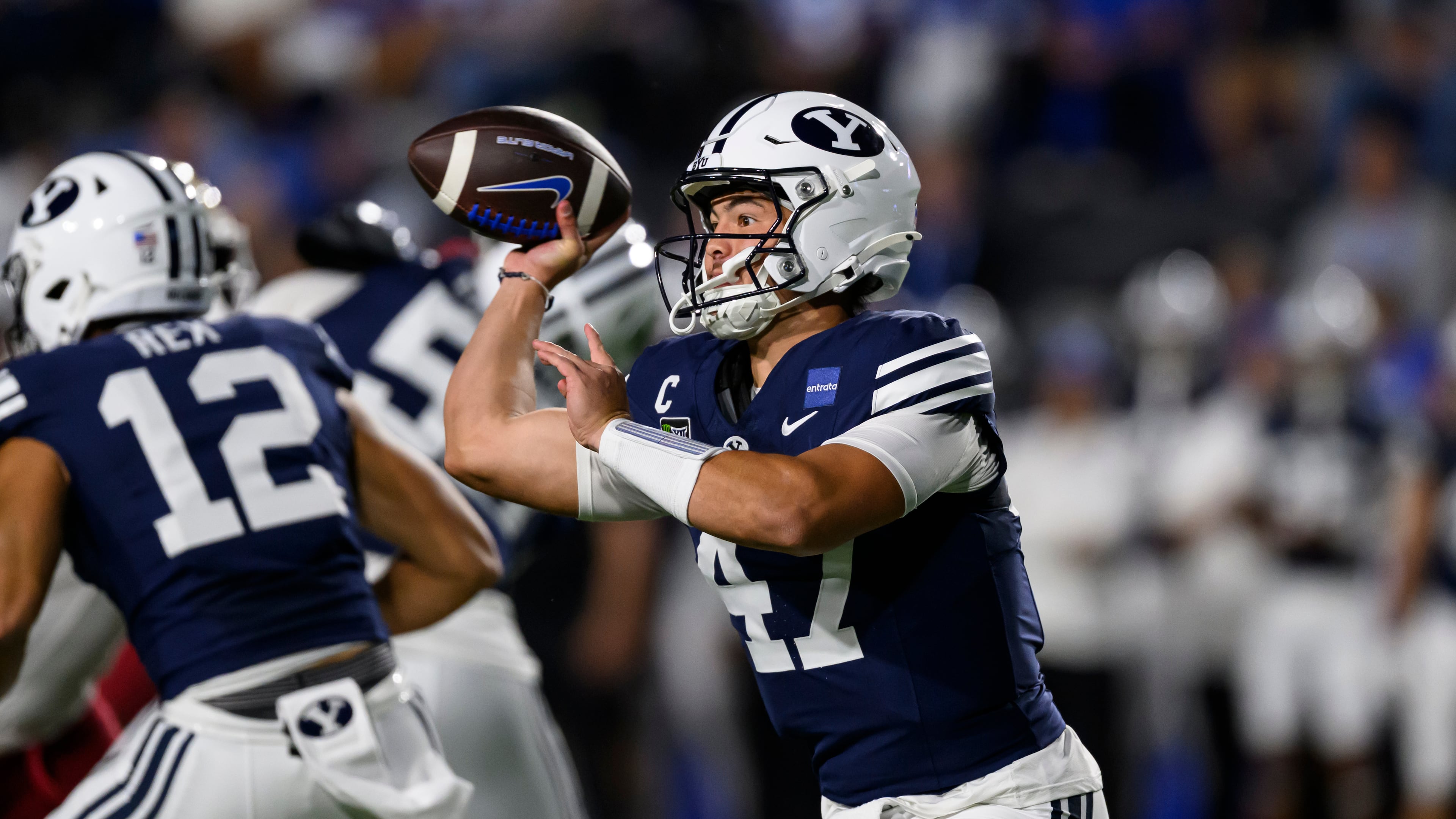 BYU quarterback Bear Bachmeier (47) looks to pass the ball during the first half of an NCAA college football game against Iowa State, Friday, Oct. 9, 2026, in Provo, Utah. (AP Photo/Tyler Tate)