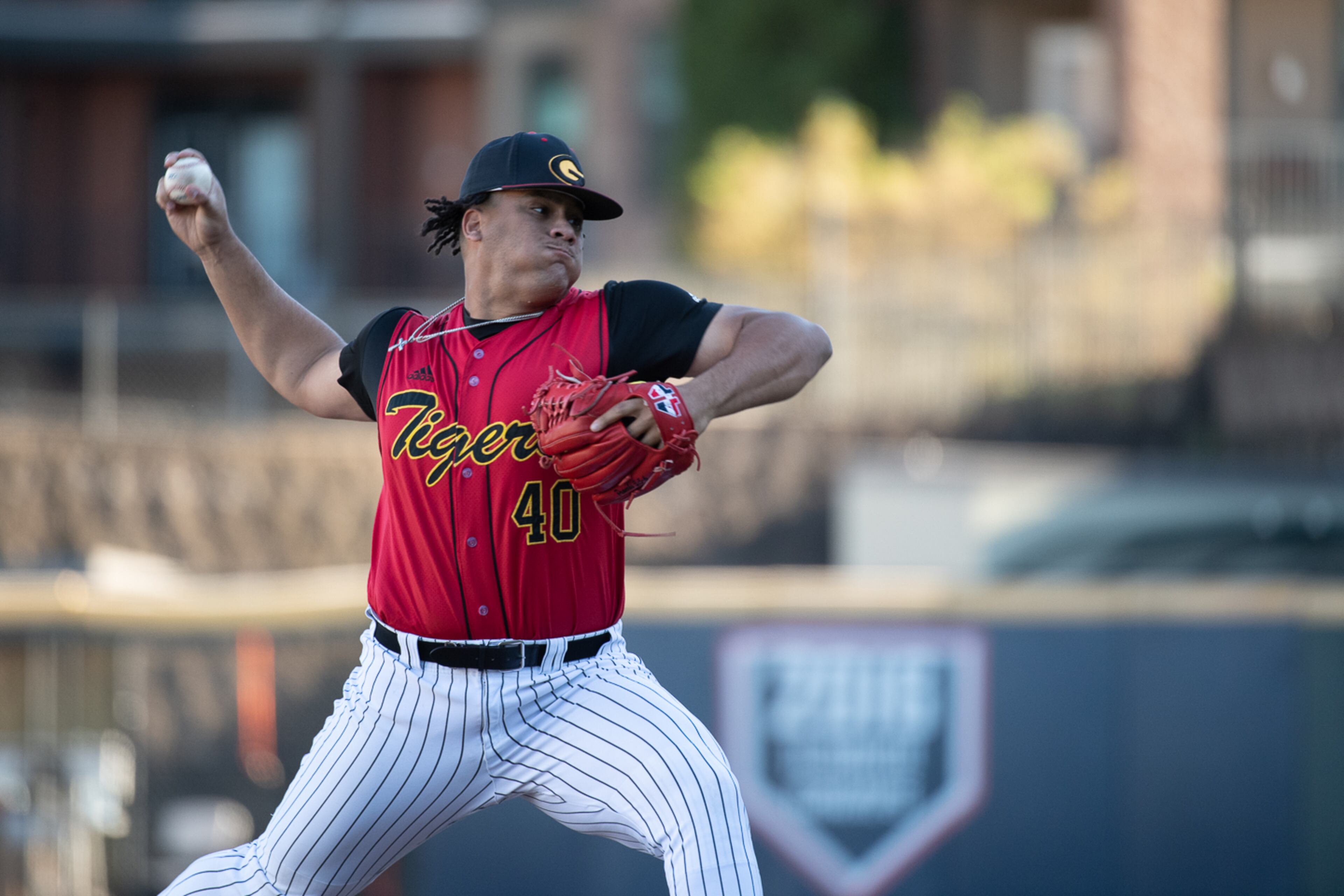 Grambling State's Javier Martinez fires to the plate. Jamie Spaar for the Atlanta Journal-Constitution