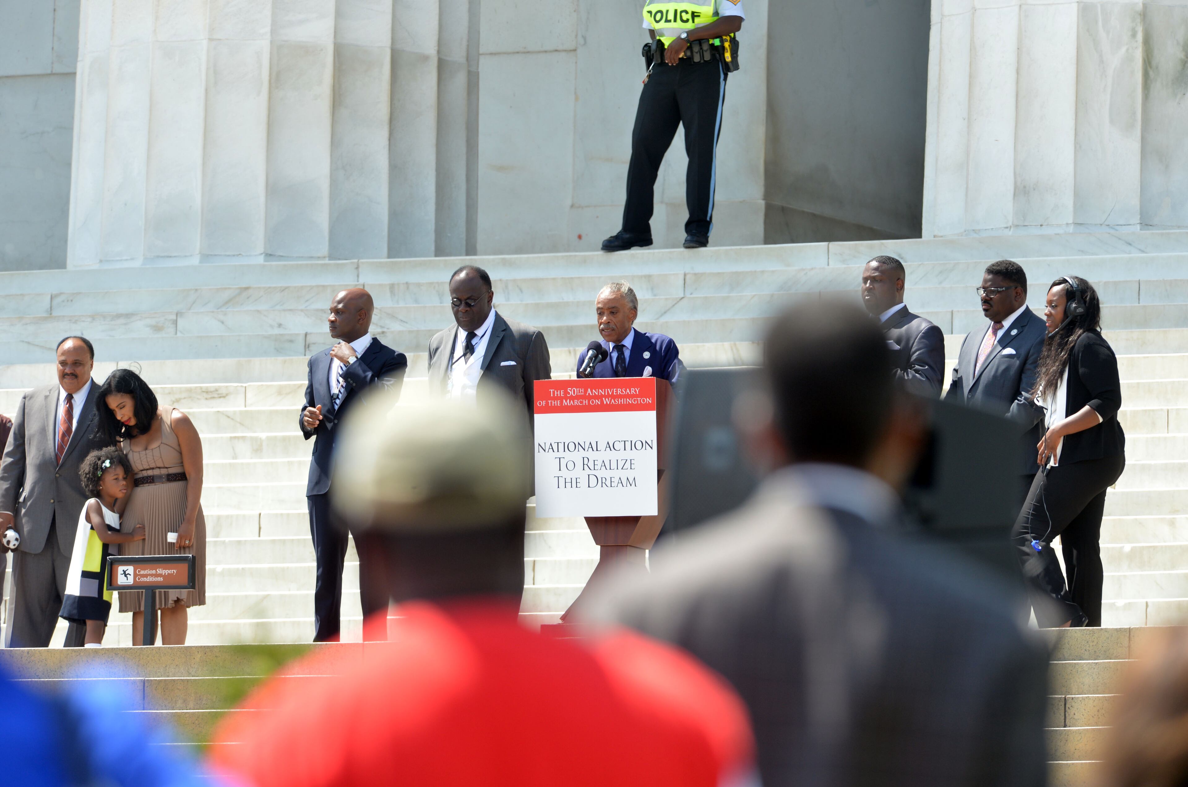 Speakers, including Rev Al Sharpton (center) on the dais at the celebration of the 50th Anniversary of the March on Washington in front of the Lincoln Memorial, Saturday August 24, 2013. KENT D. JOHNSON / KDJOHNSON@AJC.COM