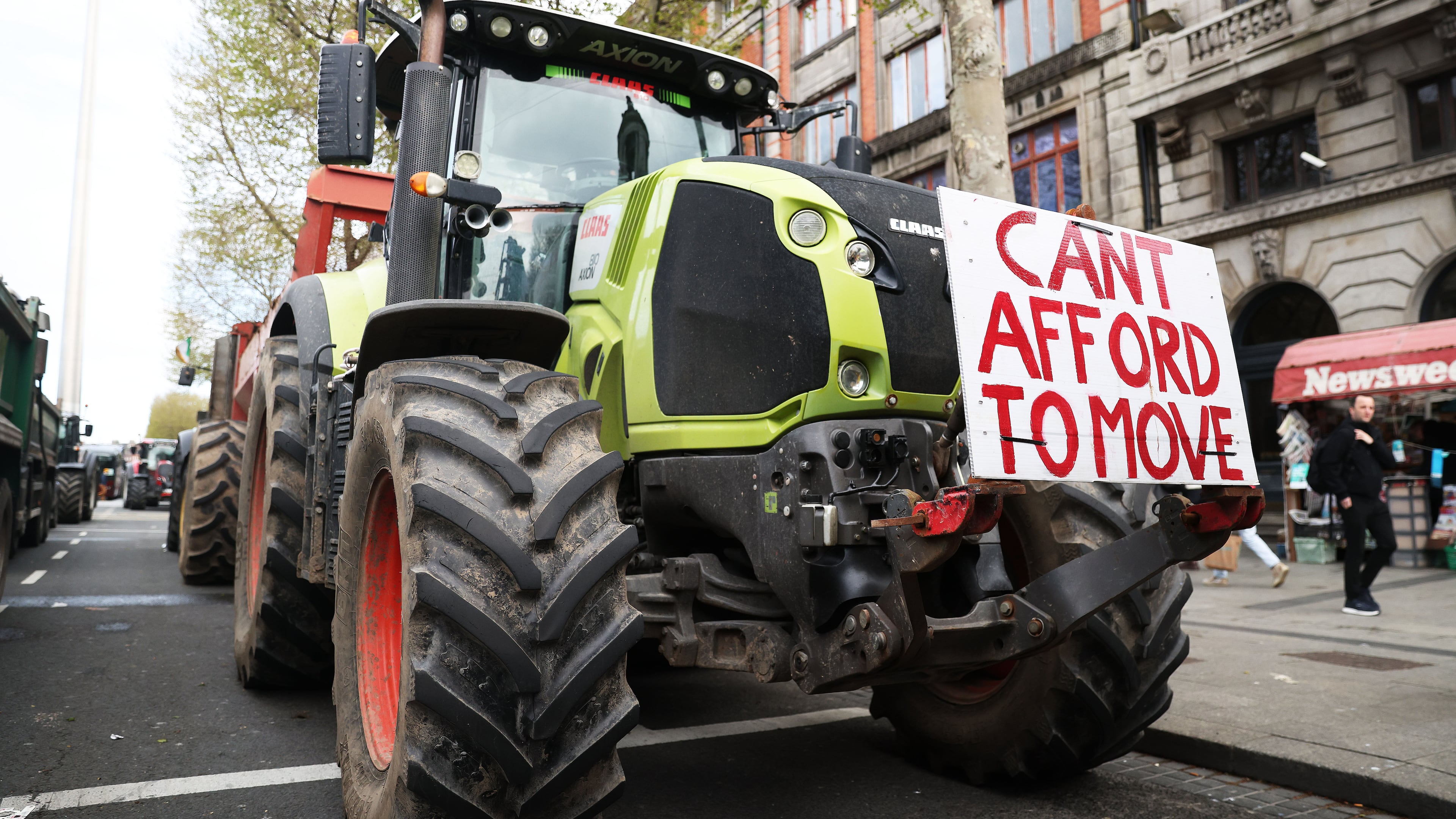 Tractors block O'Connell Street on the fifth day of the National Fuel Protest, in Dublin, Ireland, Saturday, April 11, 2026. (AP Photo/Peter Morrison)