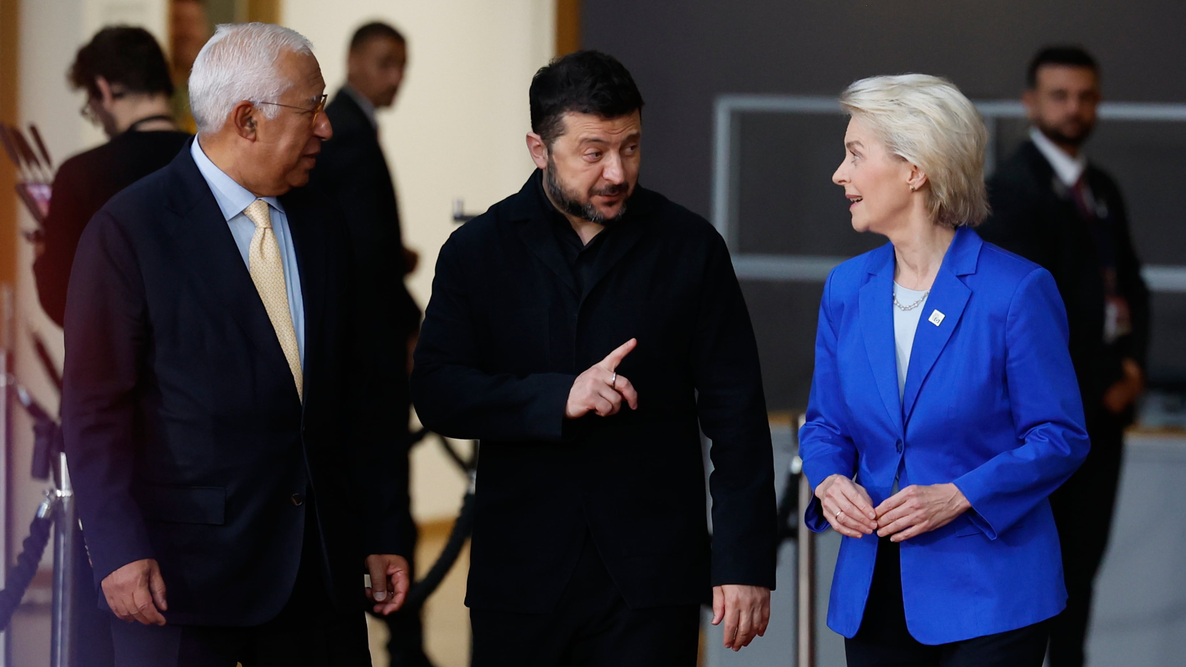 From left, European Council President Antonio Costa, Ukraine's President Volodymyr Zelenskyy and European Commission President Ursula von der Leyen arrive for the EU summit at the European Council building in Brussels, Friday, Oct. 16, 2026. (AP Photo/Geert Vanden Wijngaert)