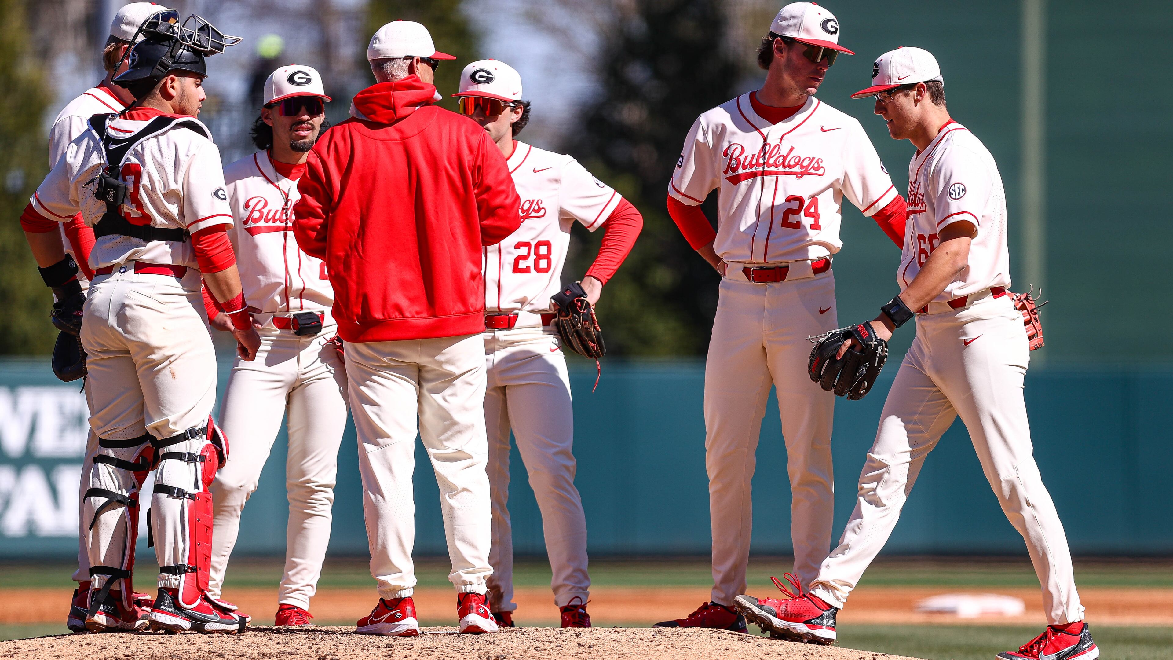 Georgia coach Scott Stricklin (red jacket) made a lot of trips to the pitcher's mound at Foley Field this weekend. The Bulldogs were swept by South Carolina, getting outscored 29-7 in the process.