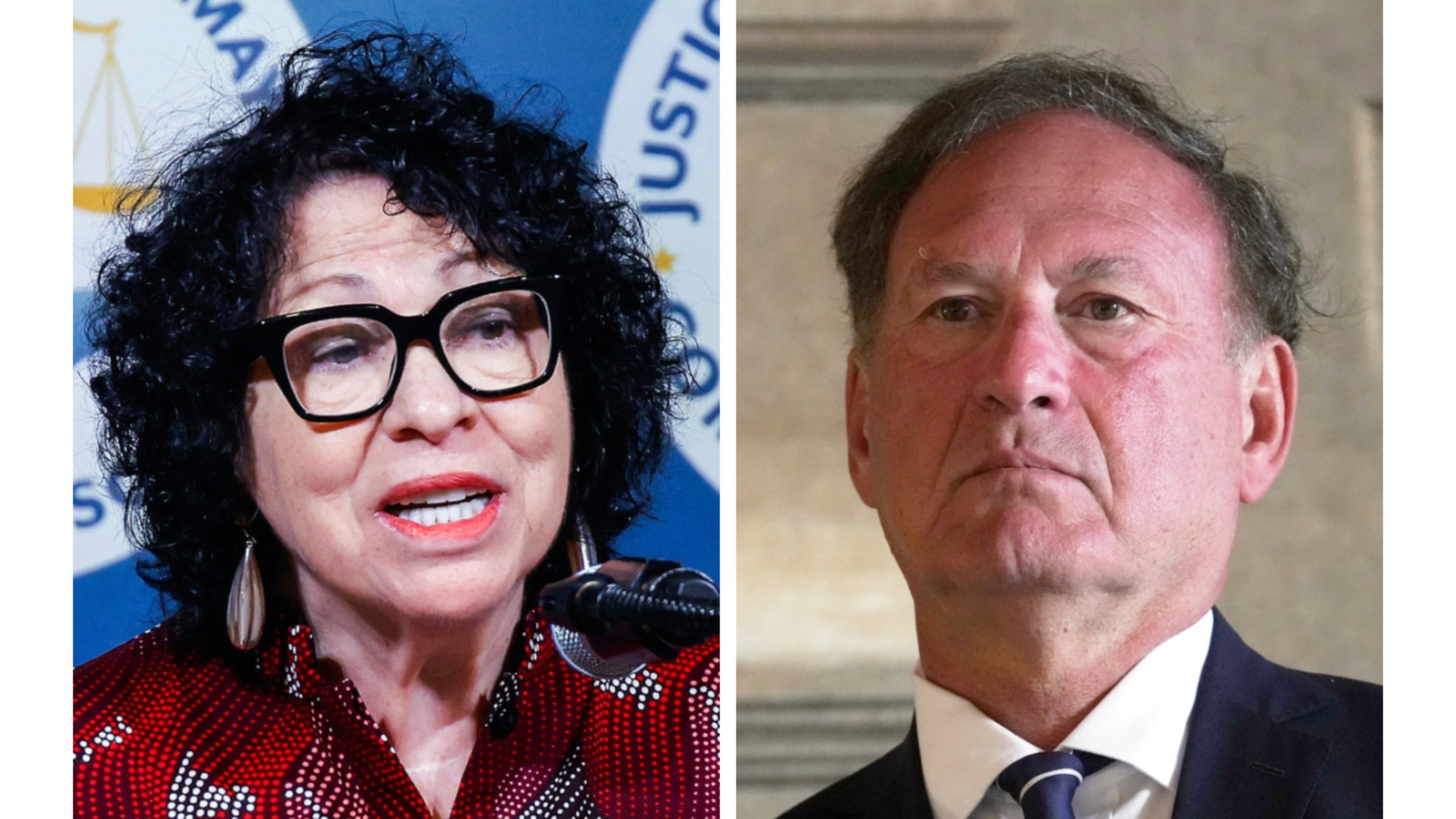 This combination photo shows Justice Sonia Sotomayor, Sept 16, 2024, in New York, left, and Justice Samuel Alito in Rome, Sept. 20, 2025. (AP Photo)