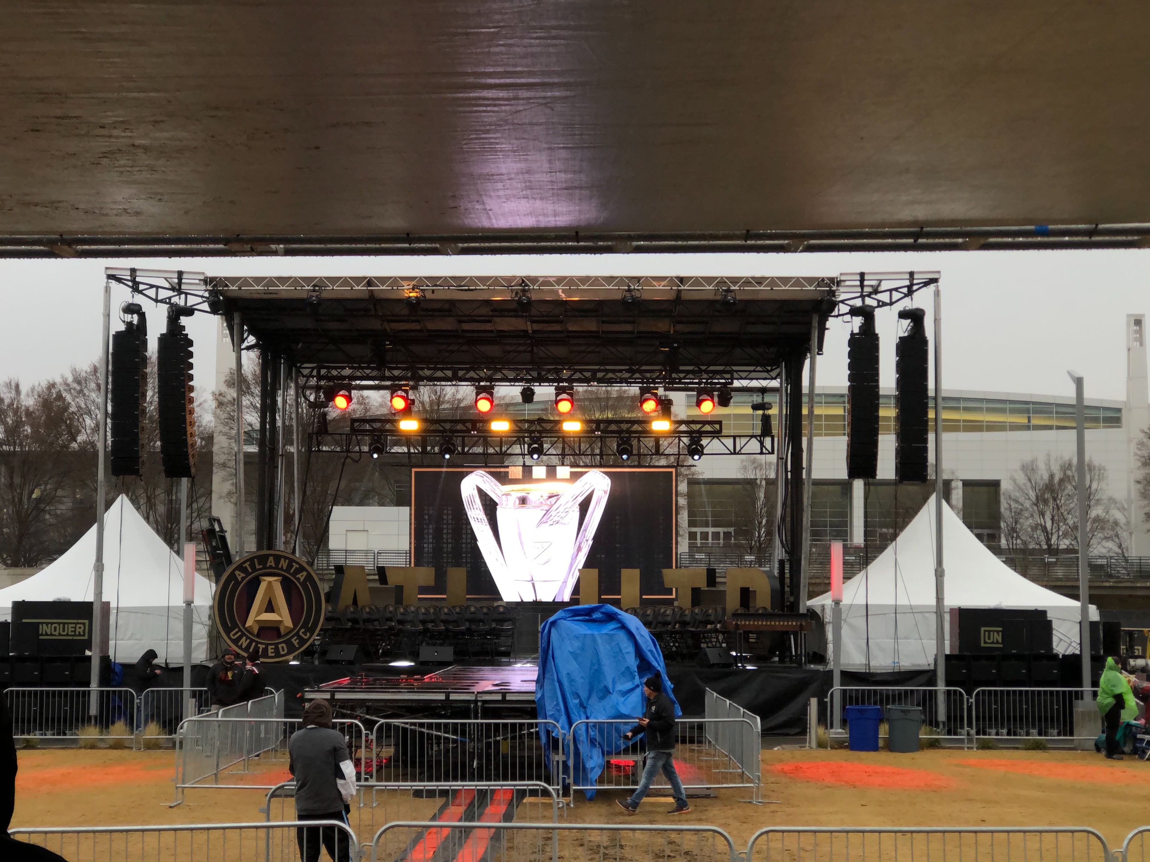 The stage is ready Monday morning at the Home Depot Backyard outside Mercedes-Benz Stadium for the Atlanta United pep rally planned for noon.