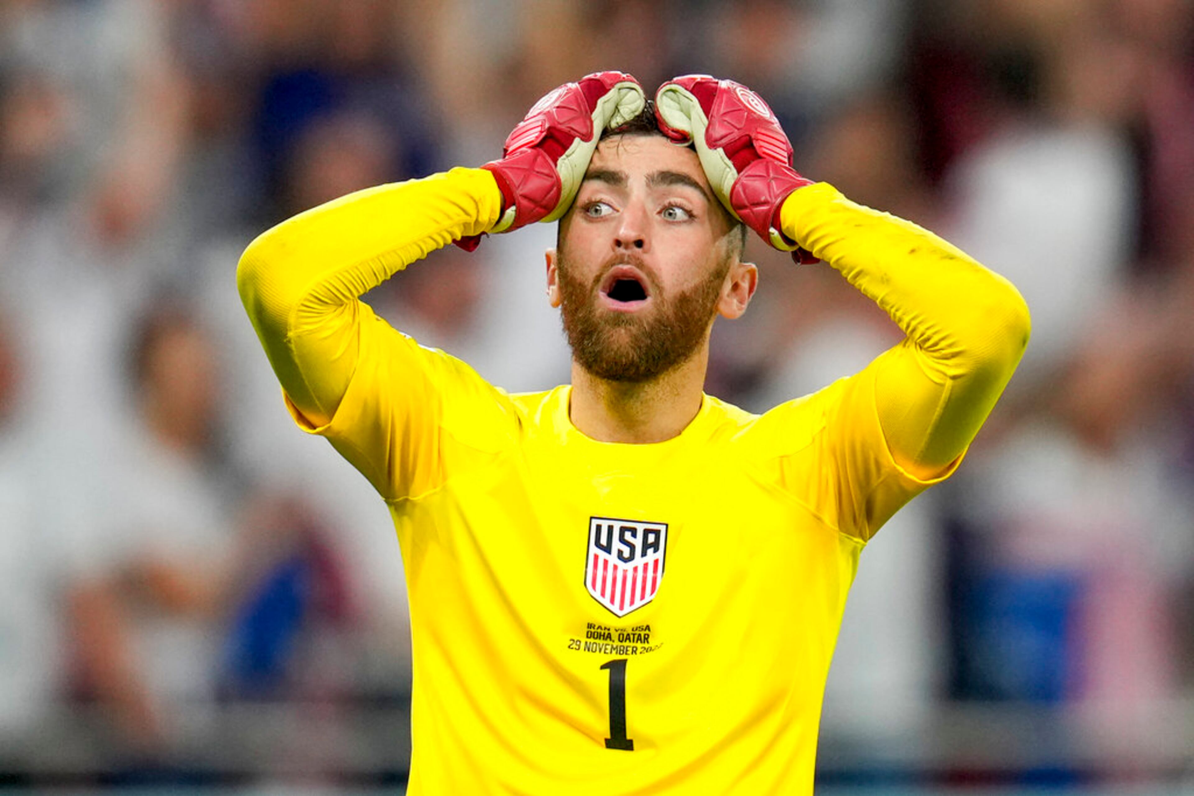 Goalkeeper Matt Turner of the United States reacts during the World Cup group B soccer match between Iran and the United States at the Al Thumama Stadium in Doha, Qatar, Tuesday, Nov. 29, 2022. (AP Photo/Ricardo Mazalan)