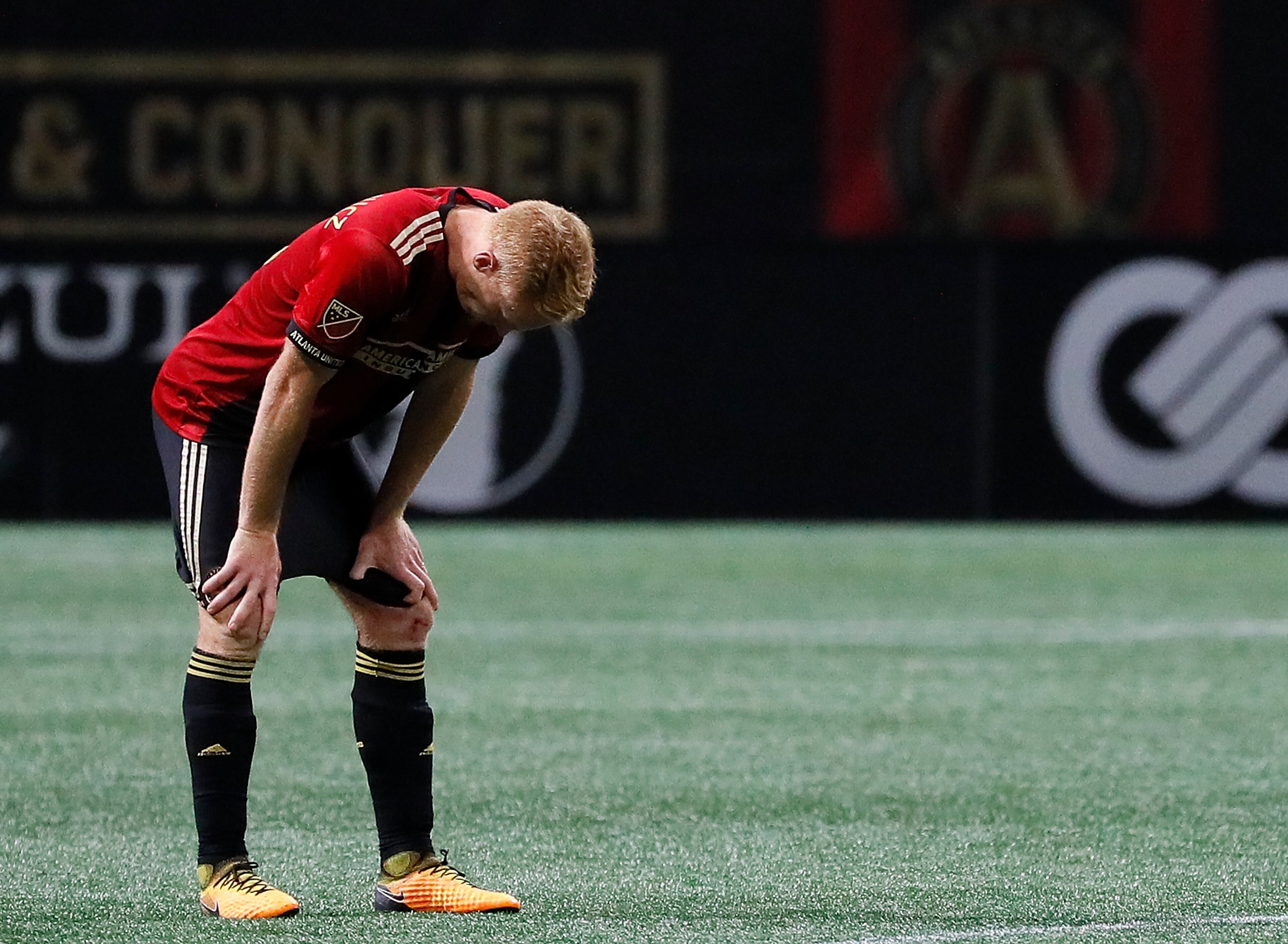ATLANTA, GA - OCTOBER 26: Jeff Larentowicz #18 of Atlanta United reacts after losing to the Columbus Crew 3-1 on penalities during the Eastern Conference knockout round at Mercedes-Benz Stadium on October 26, 2017 in Atlanta, Georgia. (Photo by Kevin C. Cox/Getty Images)