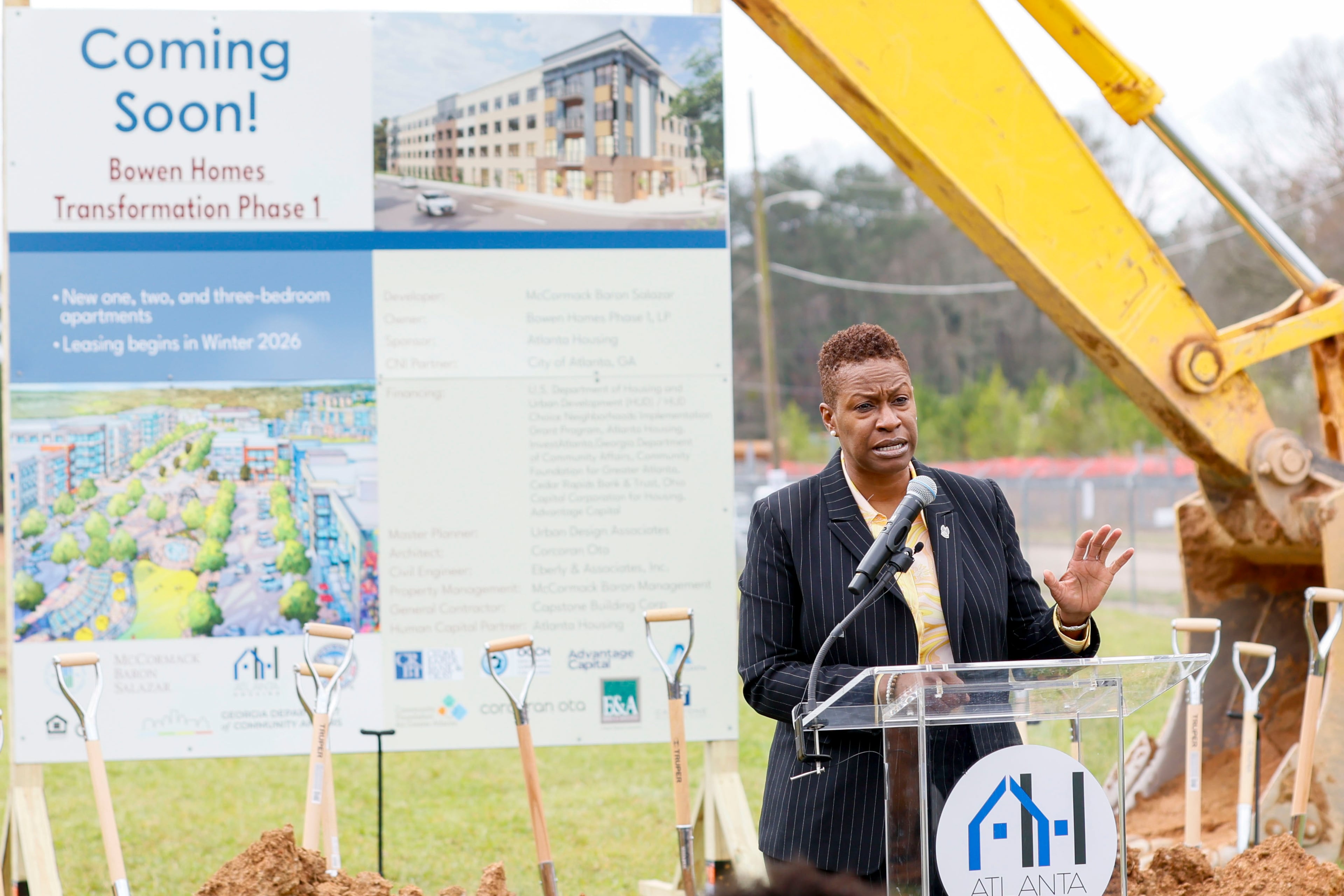 The president and CEO of Atlanta Housing, Terri M. Lee, remarks during the groundbreaking ceremony for the mixed-homes redevelopment of Bowen Homes phase 1 on Wednesday, March 5, 2025. (Miguel Martinez/AJC)