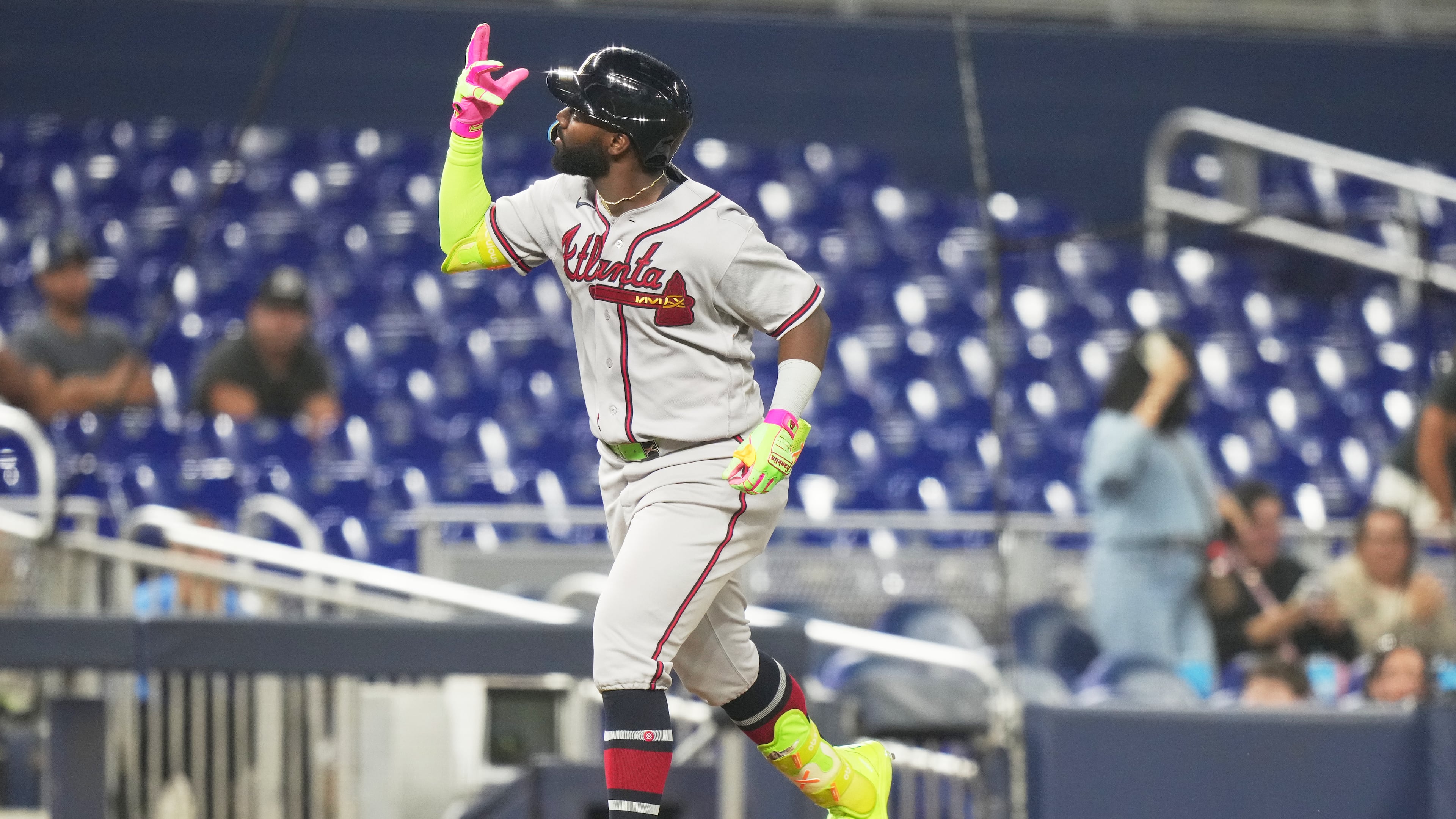 Braves center fielder Michael Harris II runs the bases after hitting a solo home run during the ninth inning against the Marlins on Thursday, May 21, 2026, in Miami. (Lynne Sladky/AP)