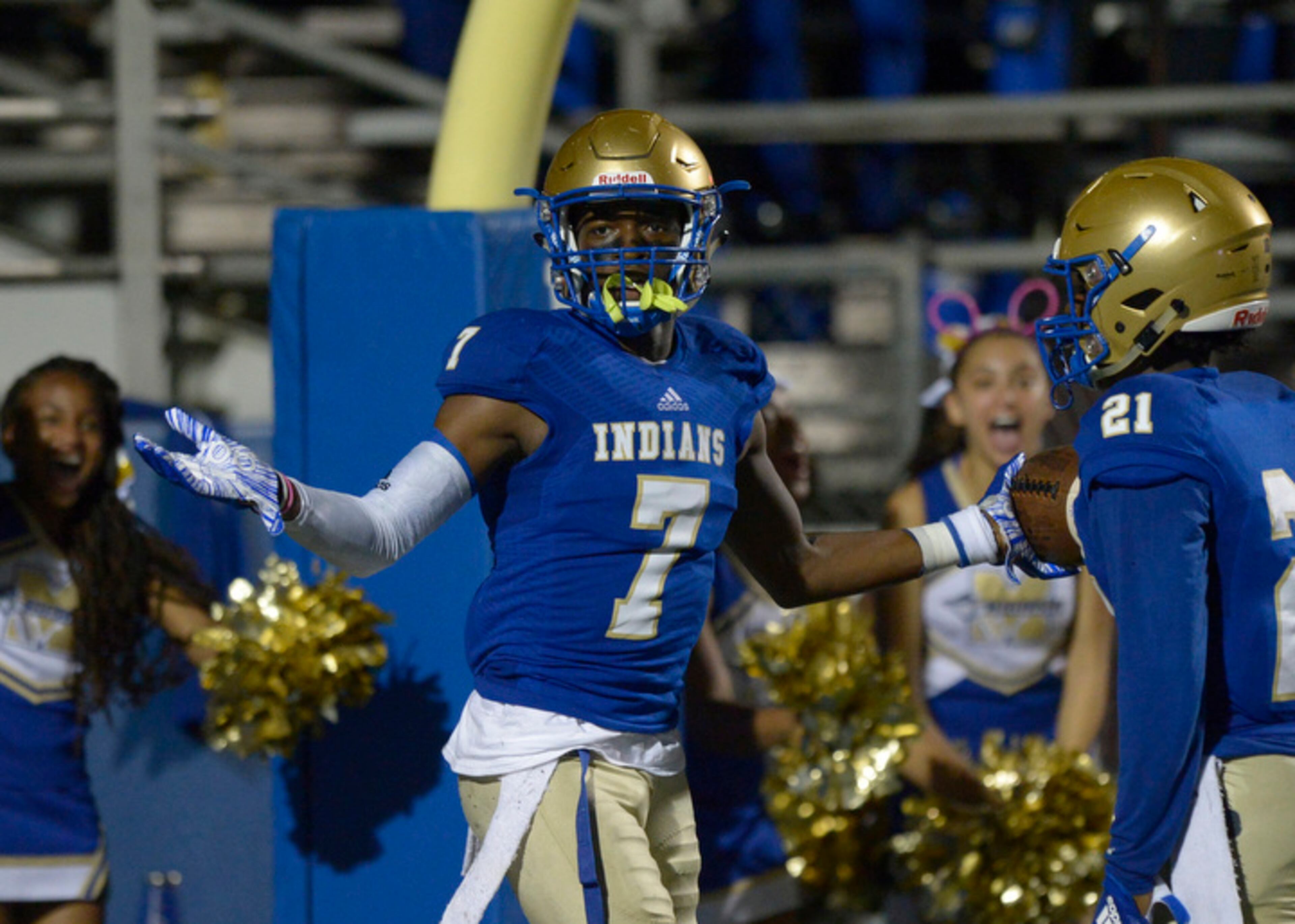 McEachern junior WR Javon Baker (7) reacts to scoring a touchdown late in the second half of a game Friday, September 7, 2018 at McEachern High School . PHOTO/Daniel Varnado