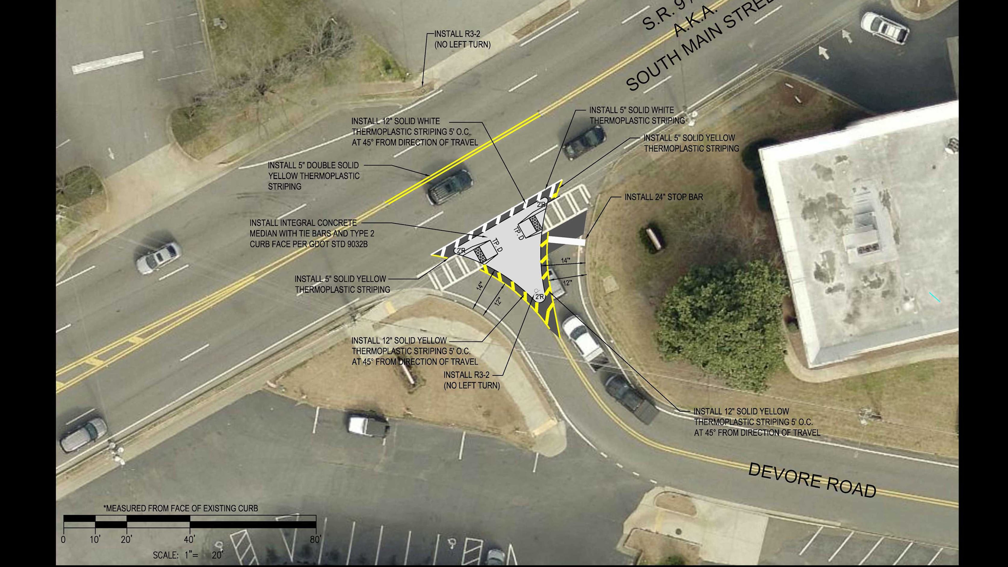Alpharetta will install a concrete median at the intersection of Highway 9 and Devore Road, which will prevent drivers from making left turns.