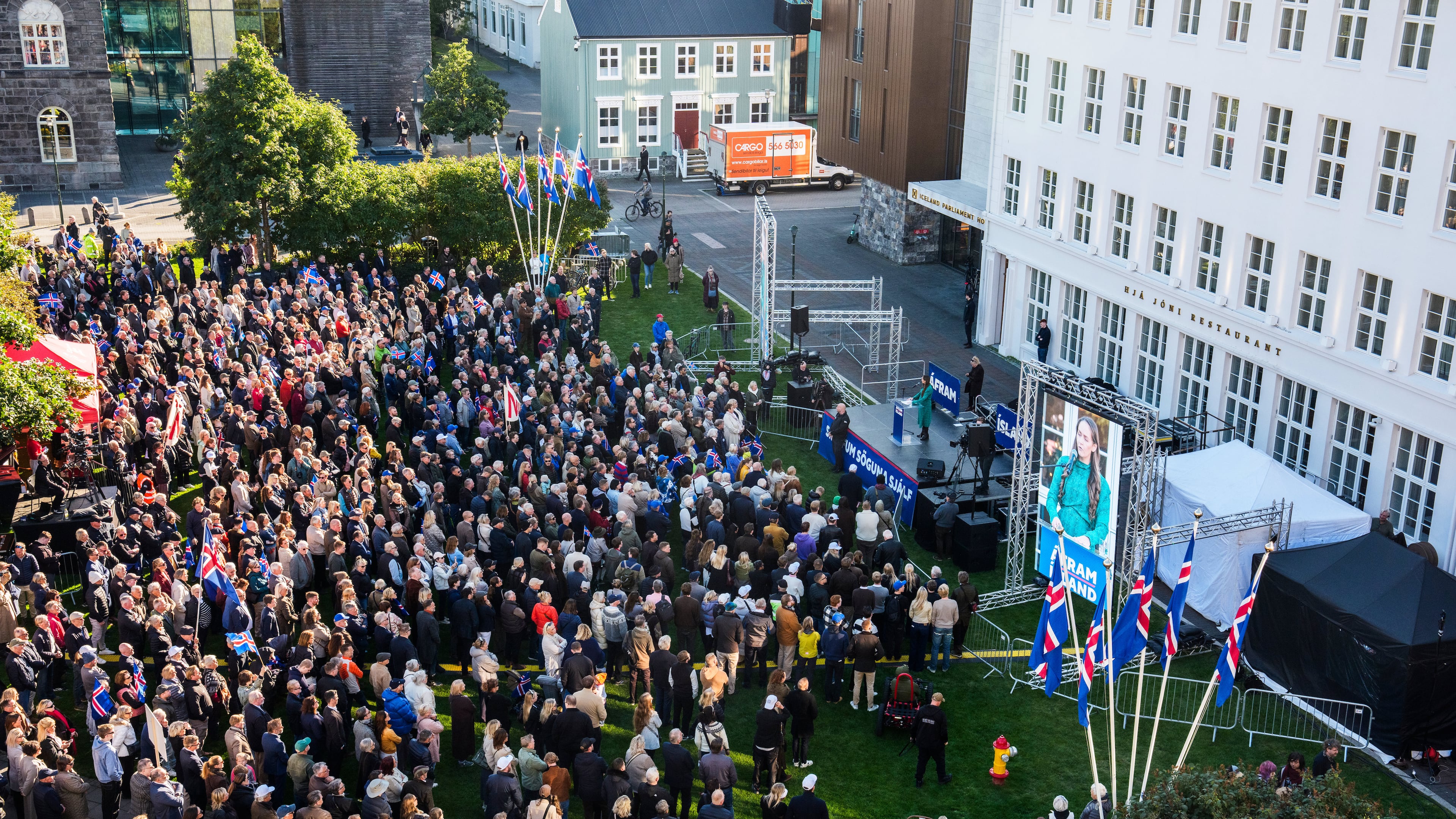 People gather for an "Afram Island," "Forward, Iceland," rally opposing the resumption of European Union accession talks at Austurvollur in Reykjavik, Iceland, Thursday, Aug. 27, 2026. (AP Photo/Marco Di Marco)