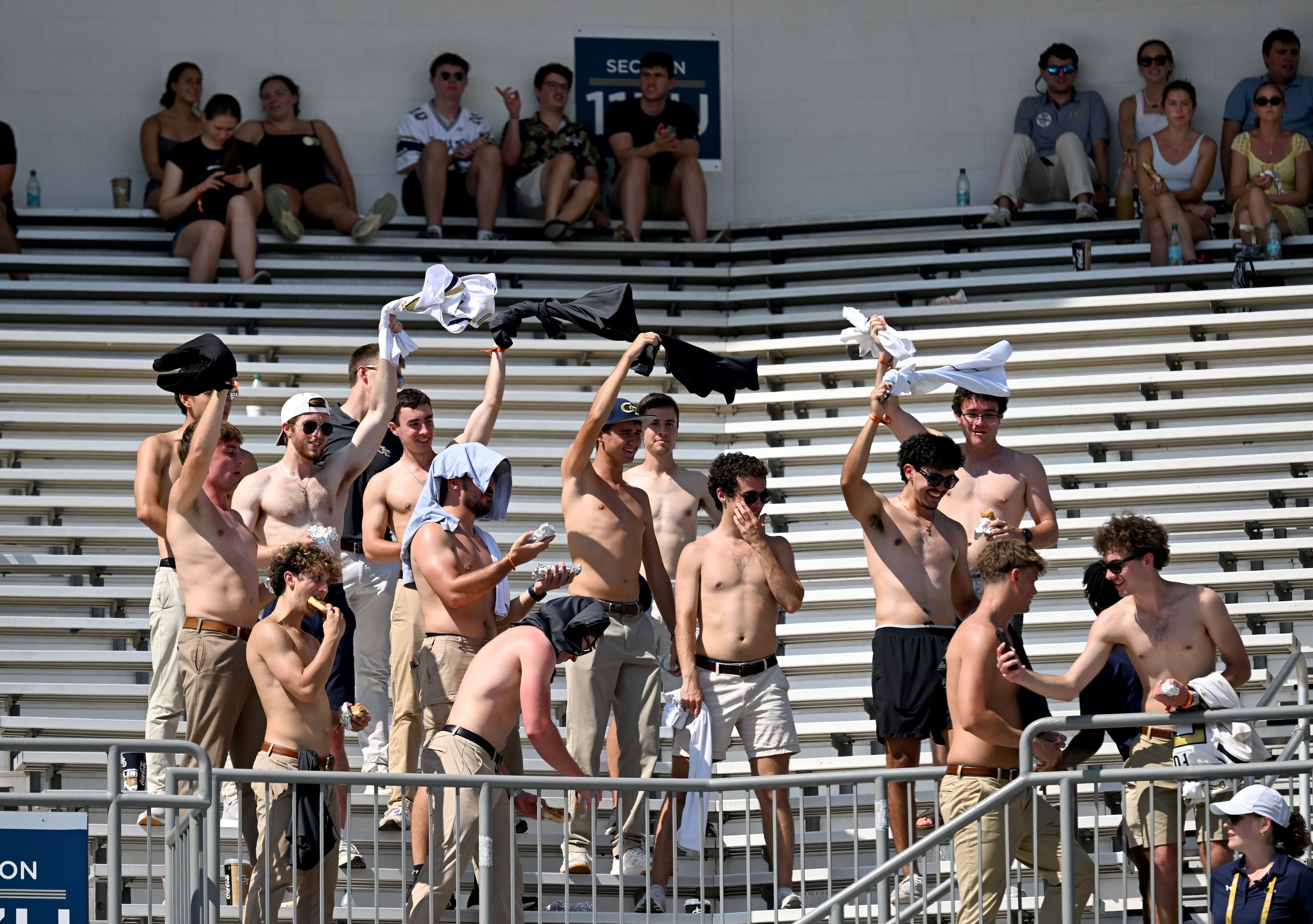 Georgia Tech fans cheer during the second half in an NCAA college football game at Bobby Dodd Stadium on Saturday, Sept. 19, 2026, in Atlanta. Georgia Tech won 44-11 over Mercer. (Hyosub Shin/AJC)