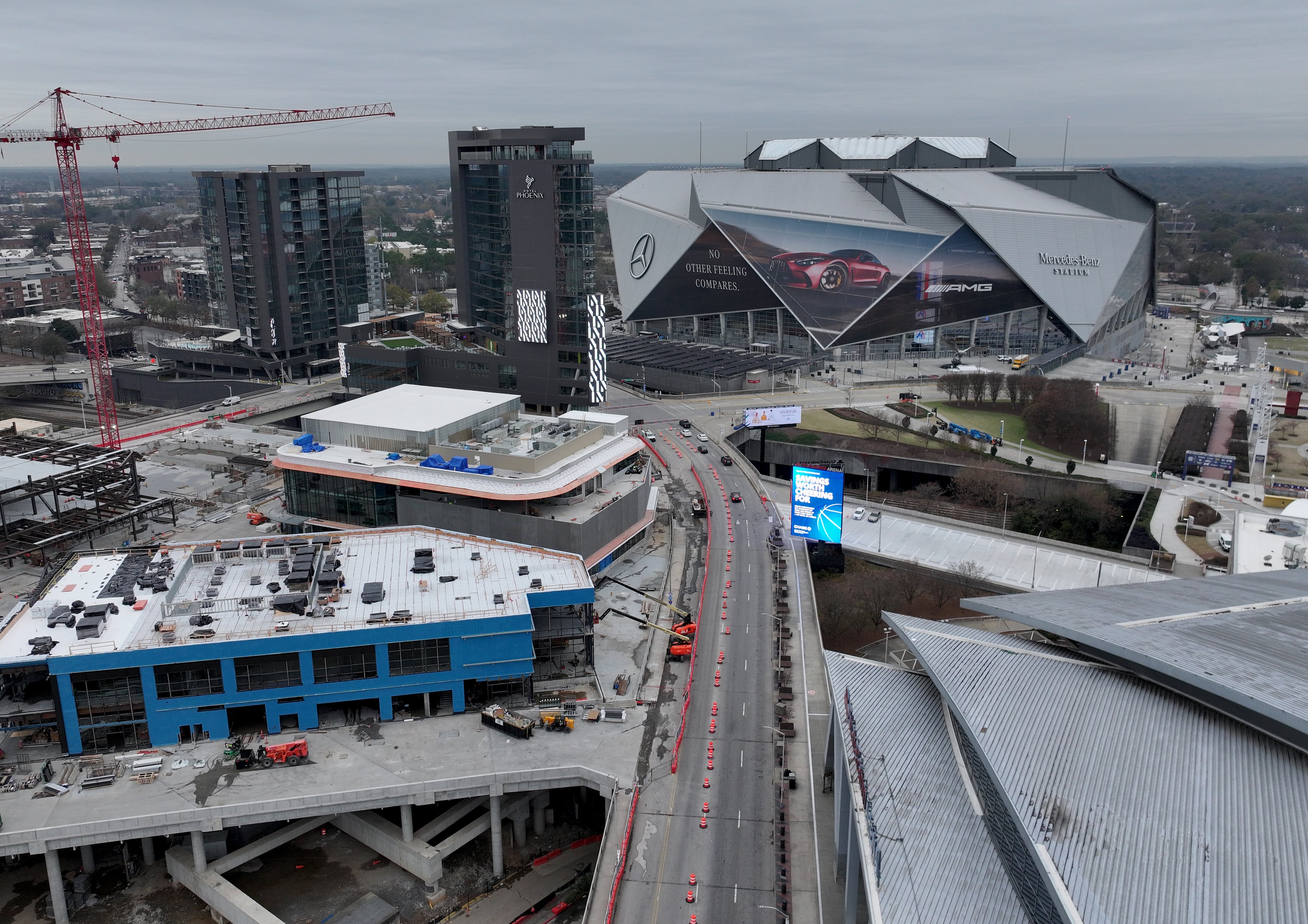 Aerial photograph shows constructions of Centennial Yards, Thursday, December 4, 2025, in Atlanta. (Hyosub Shin / AJC)