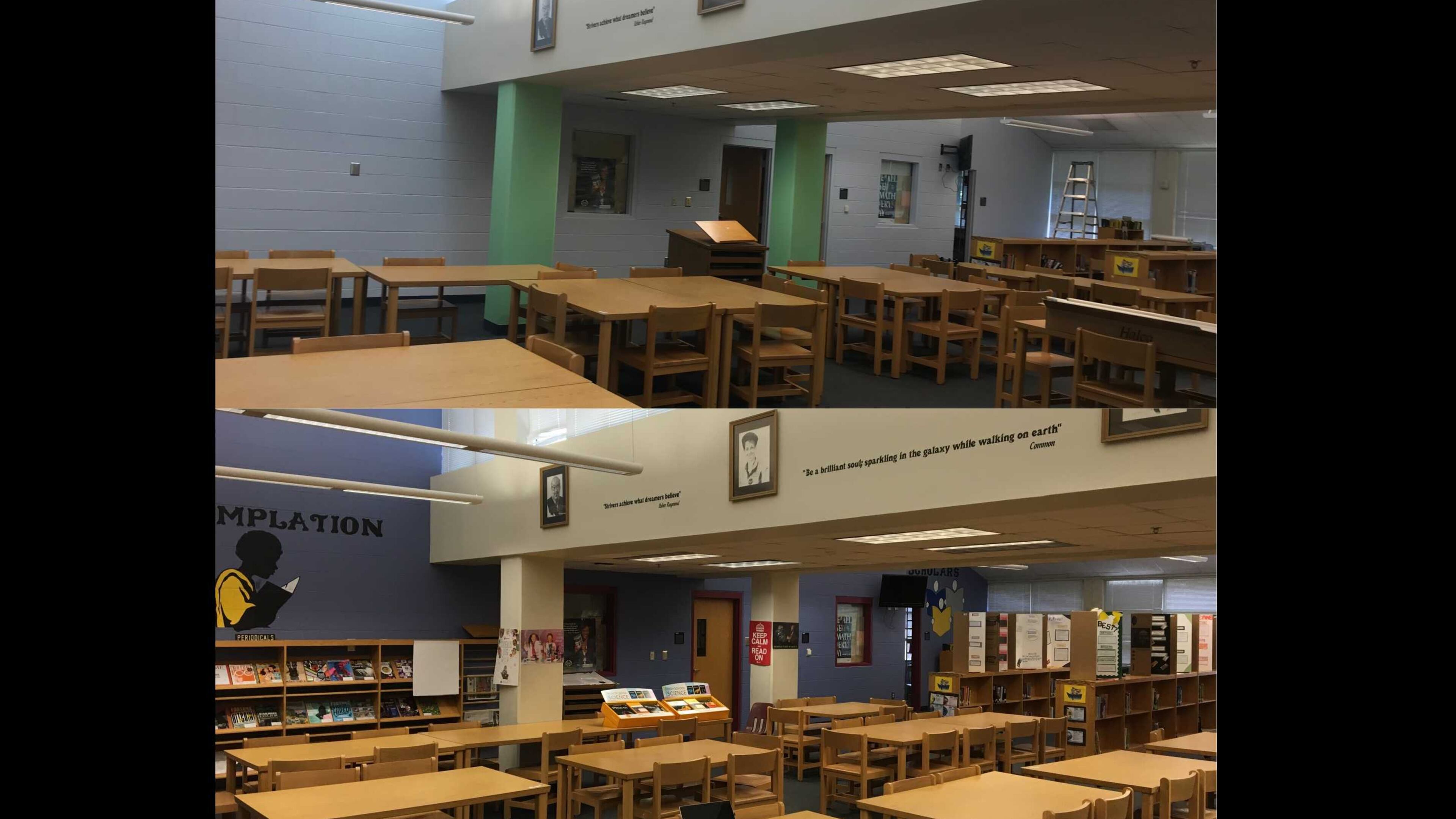 Long Middle School is undergoing a transformation. The bottom photo here shows the library before renovations began. The bulk of the changes will be completed June 21, 2018.