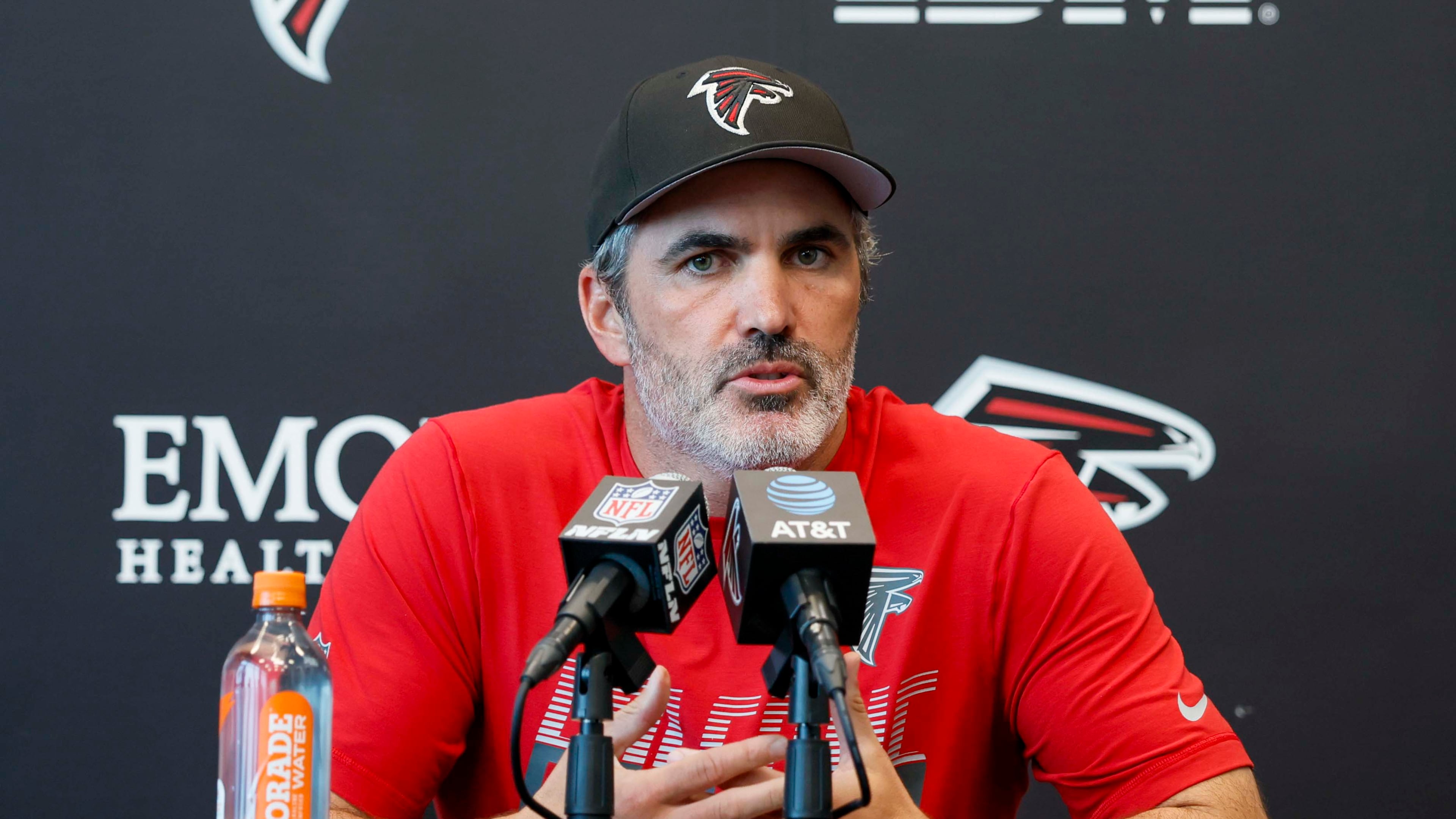 Falcons coach Kevin Stefanski speaks to the media before practice Monday, Aug. 10, 2026, at the Falcons Training Facility in Flowery Branch. Stefanski provided injury updates on starting defensive players Divine Deablo and Jessie Bates III. (Miguel Martinez/AJC)