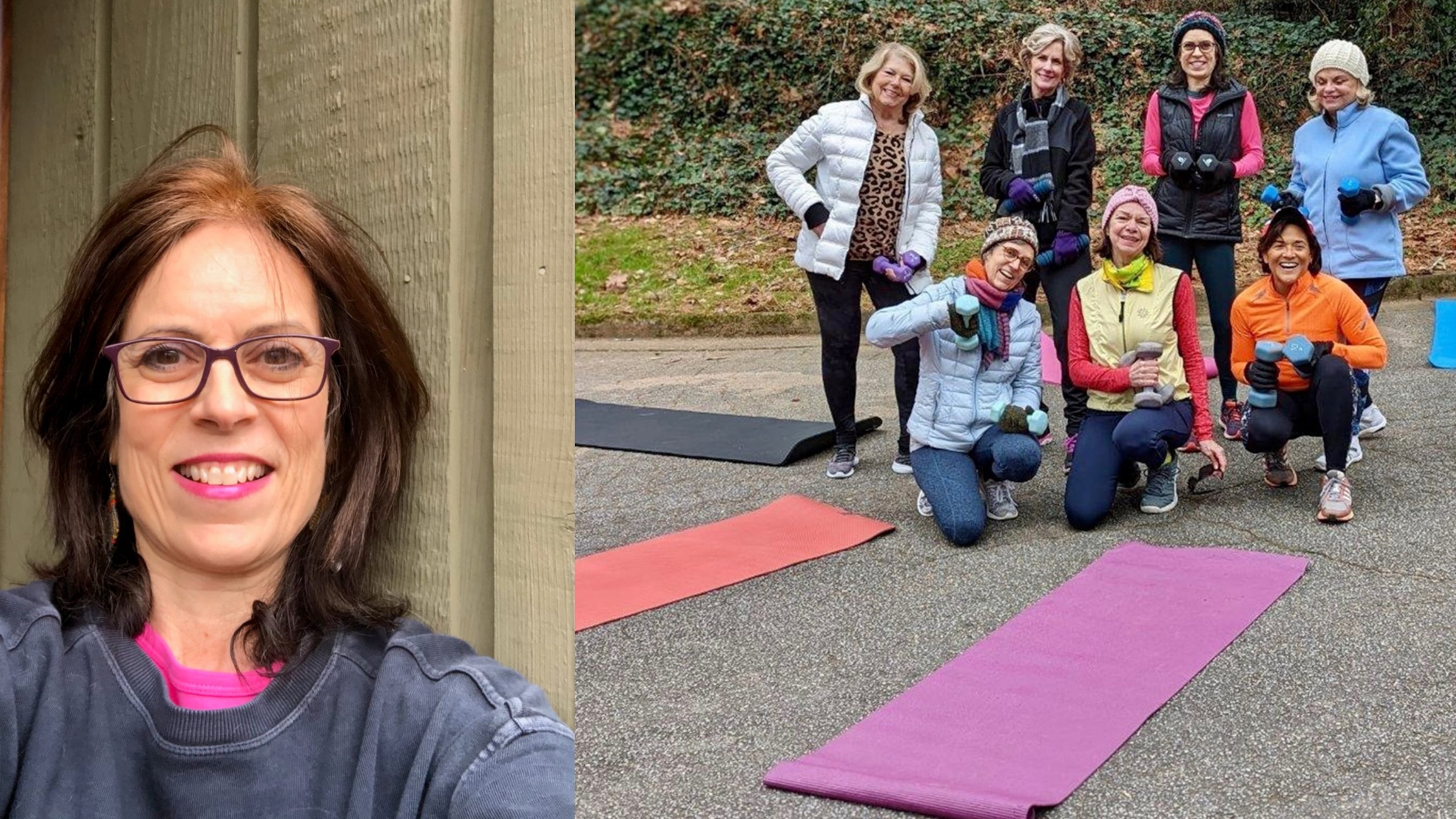 The picture on the left is of Dana Kuehn, 59, of Sandy Springs. It was taken in February. In August 2020, she joined her neighbors' exercise group, the P.E. group, which appears on the right: Front row, from left: Kathy Broyles, Pam Zendt, Ilsa Mendoza-Jackson. Back row, from left: Irene Gruenhut, Knoxie Walstead, Dana Kuehn, Virginia Stoner. (Photo by Cindy Hubbard)