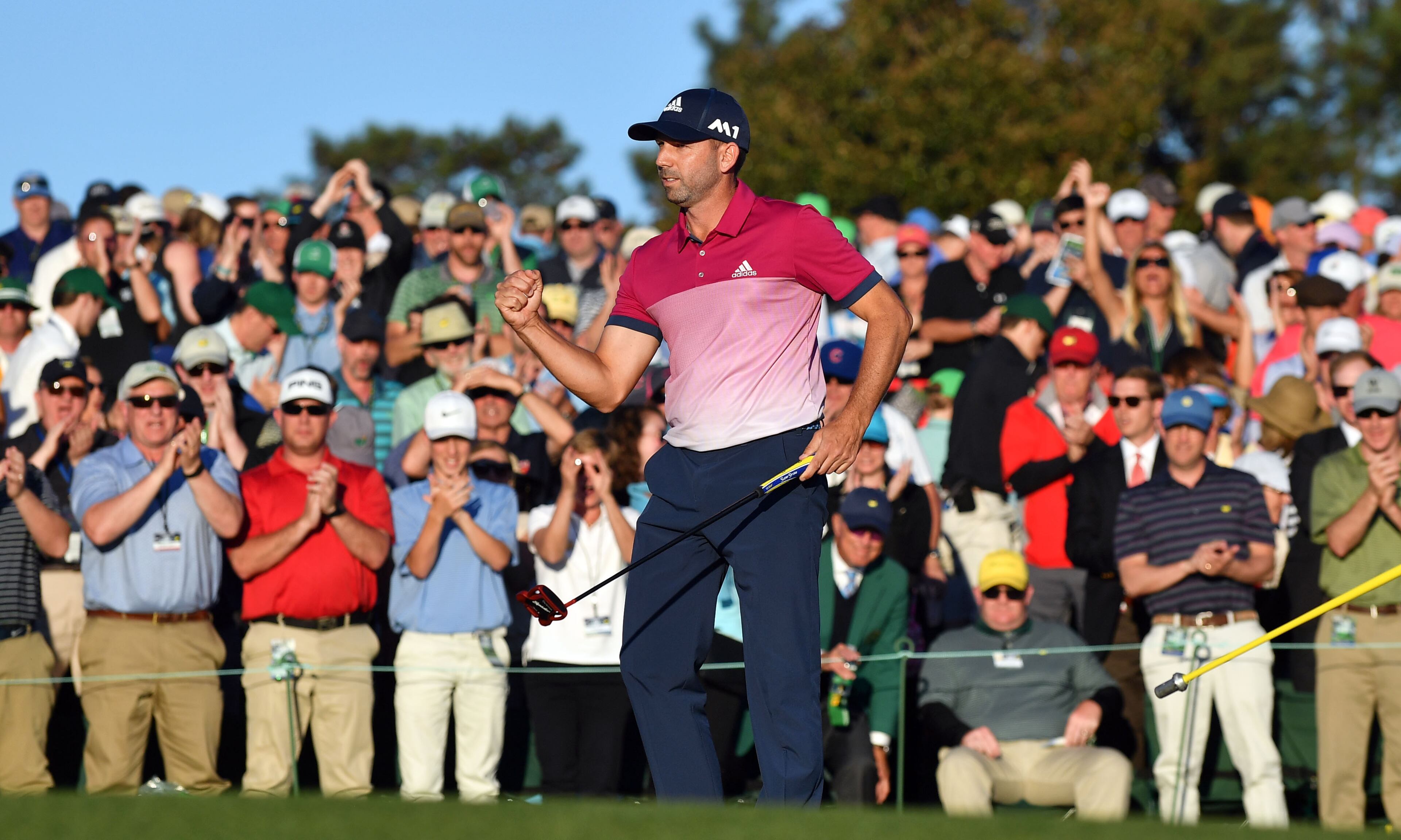 April 8, 2017 AUGUSTA Sergio Garcia fist pumps following his round on the 18th green. Play begins in the third round of the 81st Masters tournament at the Augusta National Golf Club, Saturday, April 8, 2017. BRANT SANDERLIN / SPECIAL