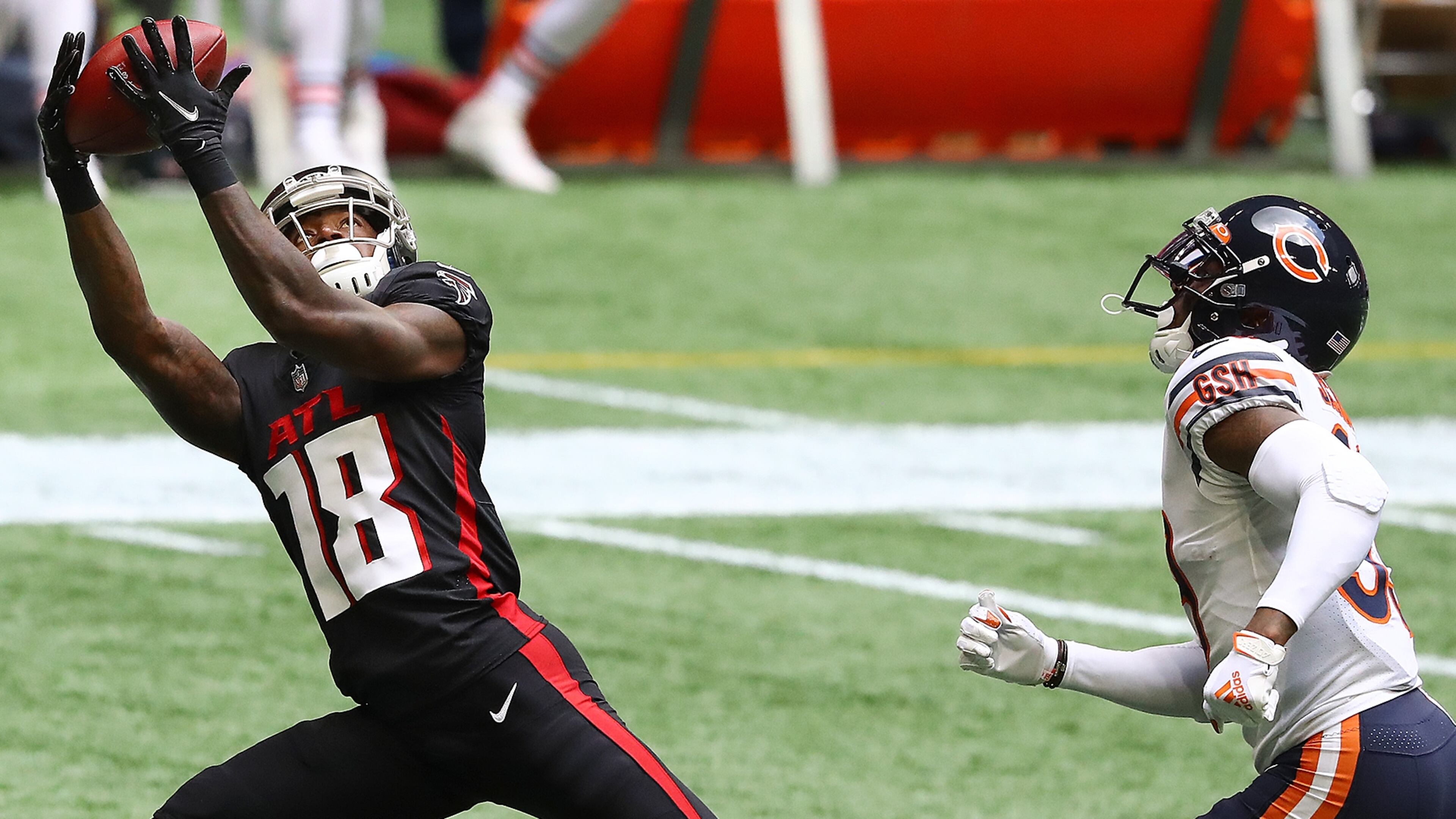 Falcons wide receiver Calvin Ridley catches a long pass from quarterback Matt Ryan to setup a touchdown on the Falcons' first drive and first offensive play of the game against the Chicago Bears Sunday, Sept. 27, 2020, at Mercedes-Benz Stadium in Atlanta. (Curtis Compton / Curtis.Compton@ajc.com)