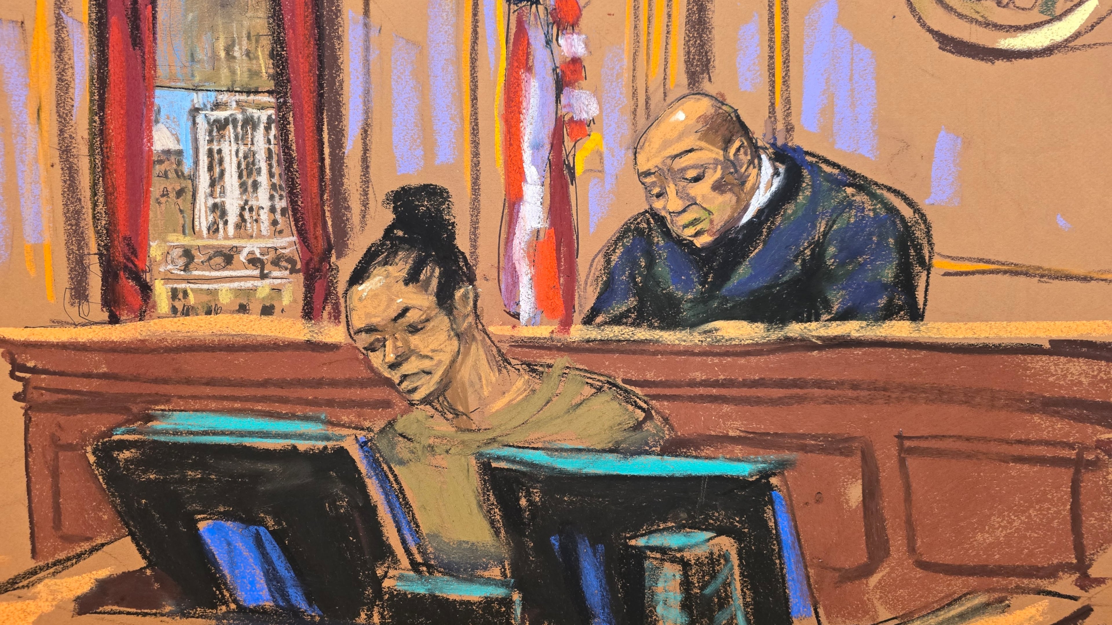 FILE - In this courtroom sketch, Judge Alvin K. Hellerstein, right, presides as courtroom deputy Brigitte Jones sits below the bench during a pretrial hearing in a drug trafficking case for former Venezuela President Nicolas Maduro and his wife Cilia Flores on July 22, 2026, at Manhattan federal court in New York. (Jane Rosenberg via AP, File)
