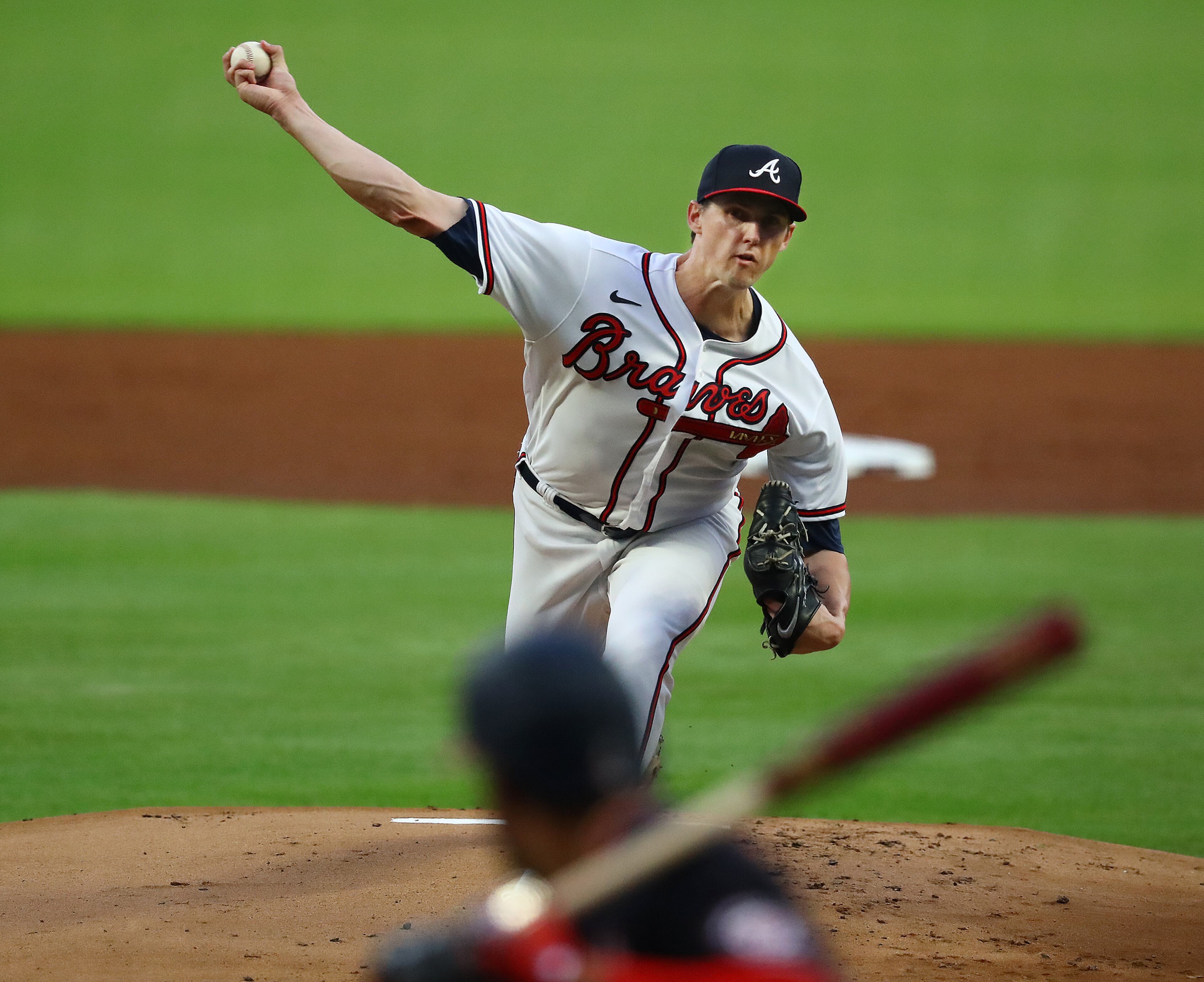Braves starting pitcher Kyle Wright delivers against the Nationals during the first inning Monday night at Truist Park. (Curtis Compton / Curtis Compton@ajc.com)