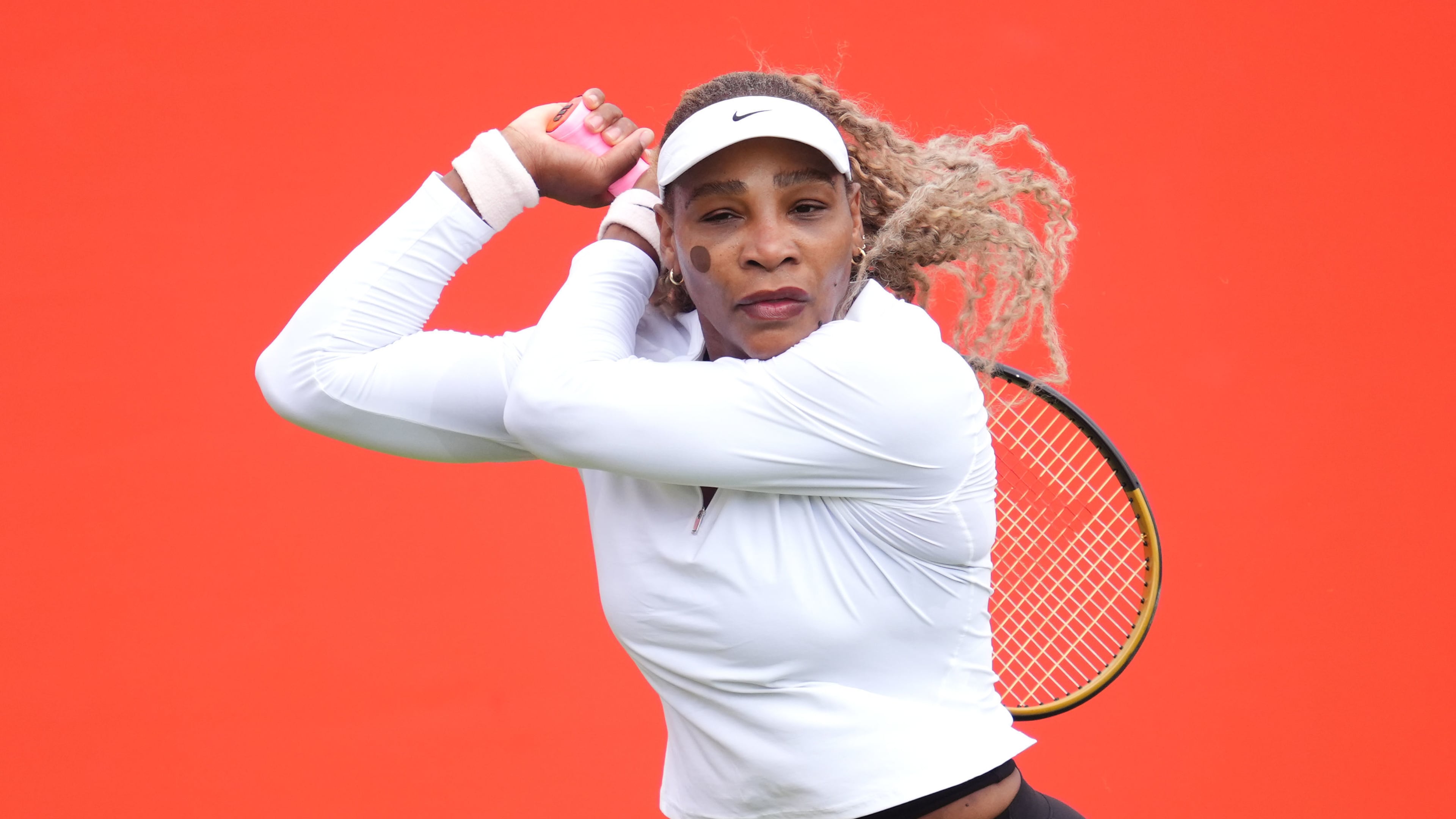 Serena Williams of the US practices at The Queen's Club, in London, Sunday June 7, 2026. (Adam Davy/PA via AP)