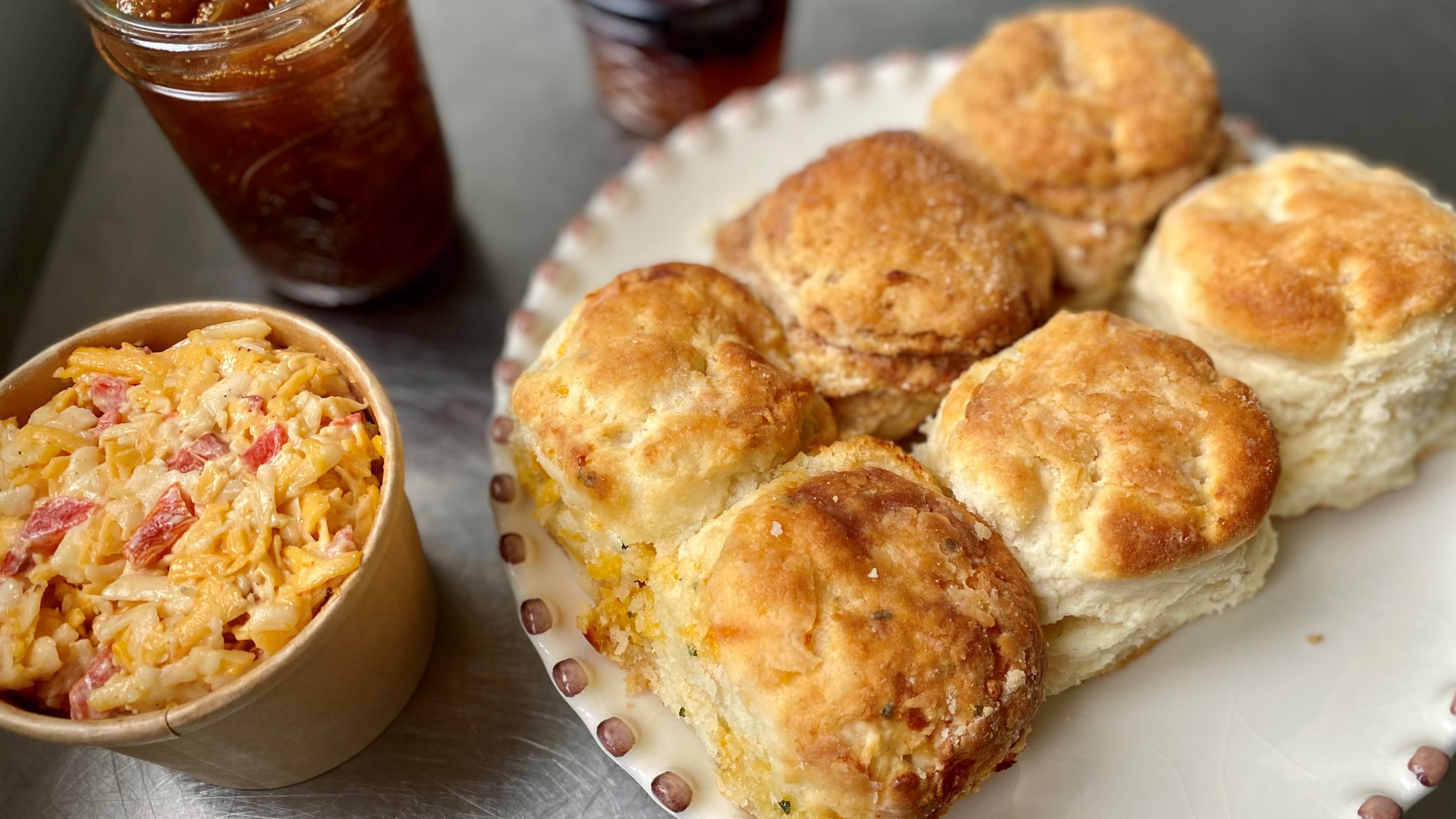 Hutchinson’s Finest Biscuits sells classic Southern biscuits and delicious pimento cheese and fruit preserves. Shown here are fig and peach-blueberry jam.
Wendell Brock for The Atlanta Journal-Constitution