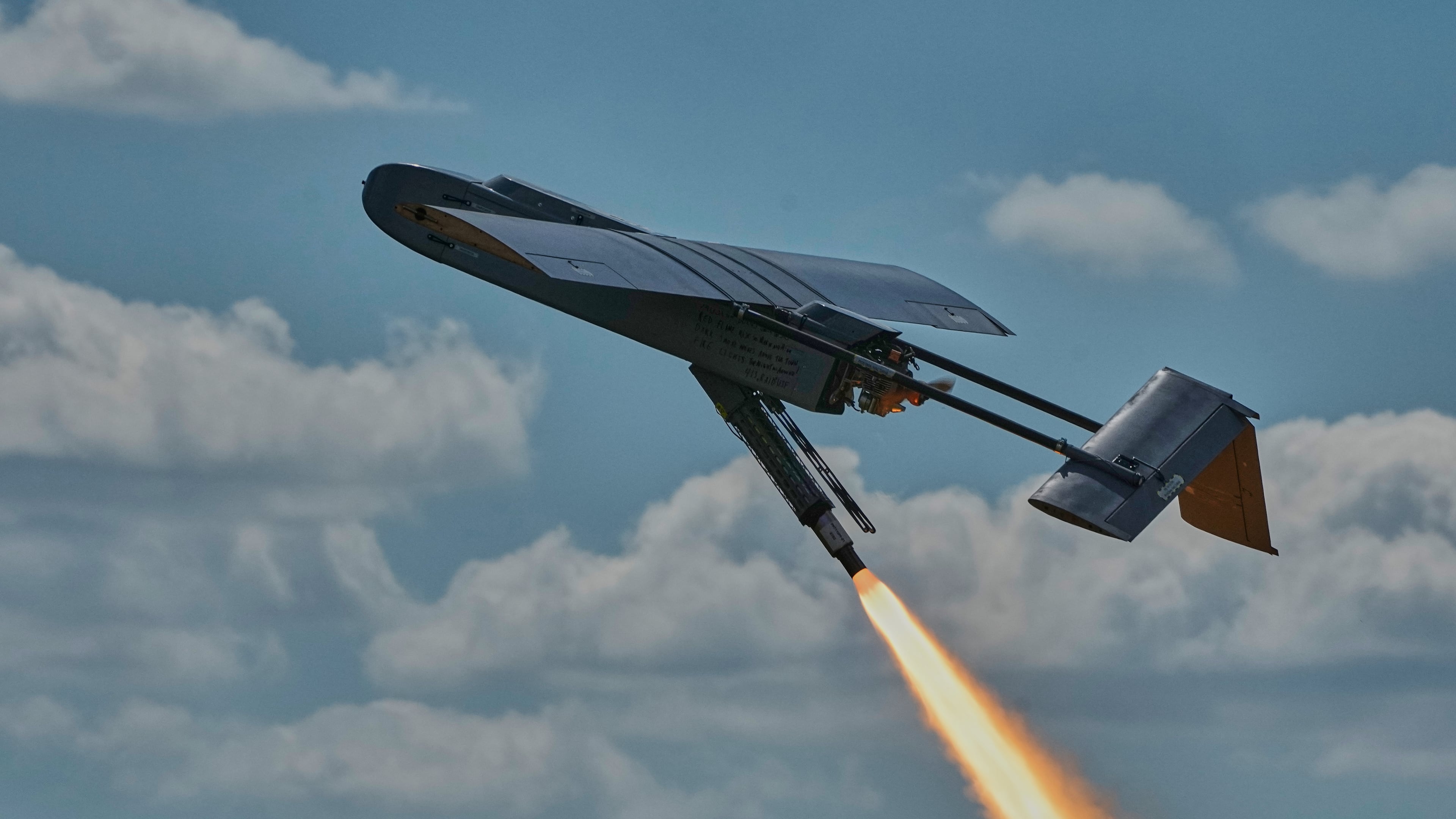A Ukrainian FP-1 long-range attack drone is launched by the 413th Separate Regiment of Unmanned Systems "Raid" on a deep-strike drone mission to hit Russian targets deep in their territory, in an undisclosed location in Ukraine, Sunday, Aug. 16, 2026. (AP Photo/Efrem Lukatsky)