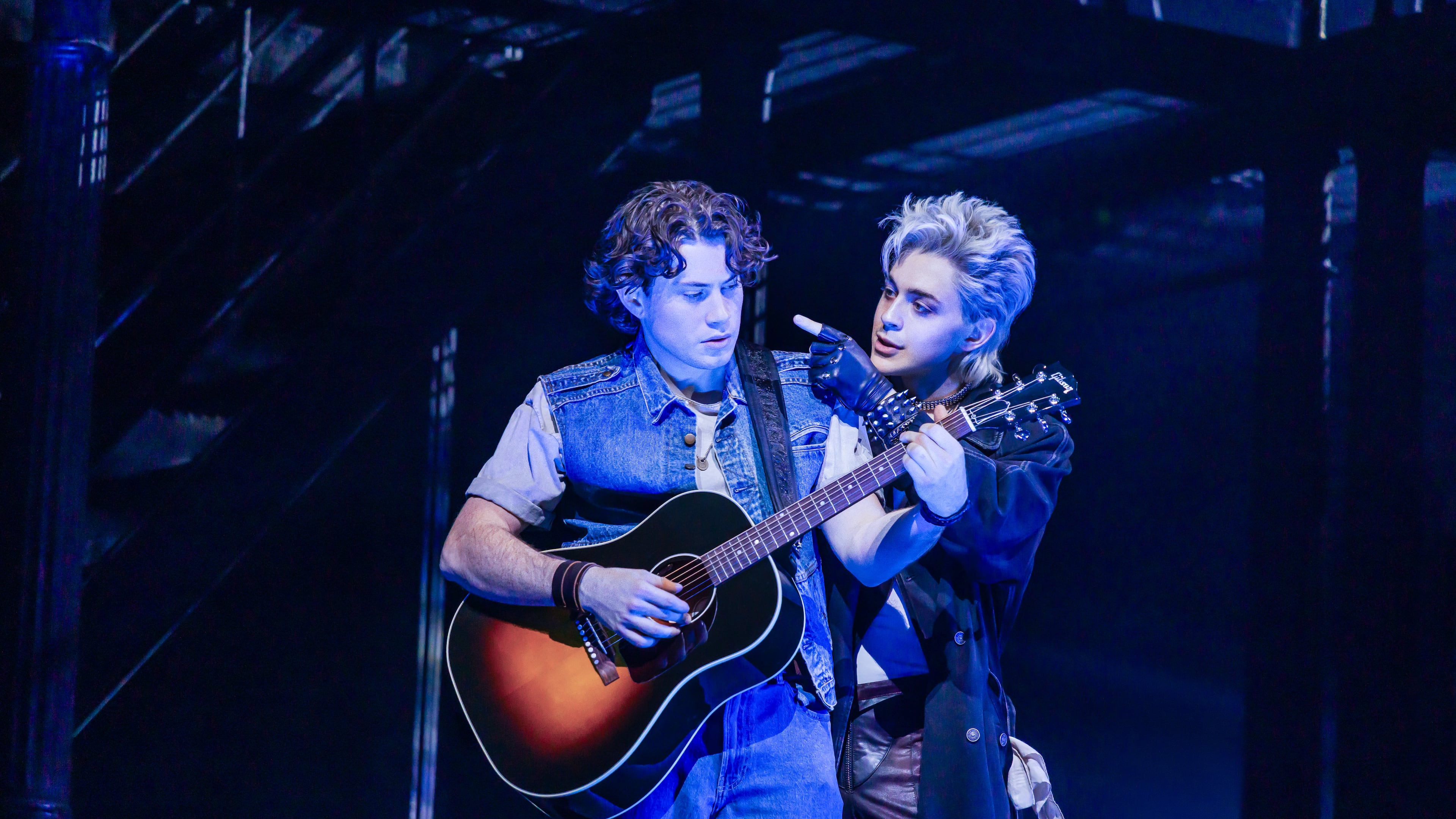 L.J. Benet, left, and Ali Louis Bourzgui appear during a performance of "The Lost Boys" in New York on March 26, 2026. (Matthew Murphy via AP)