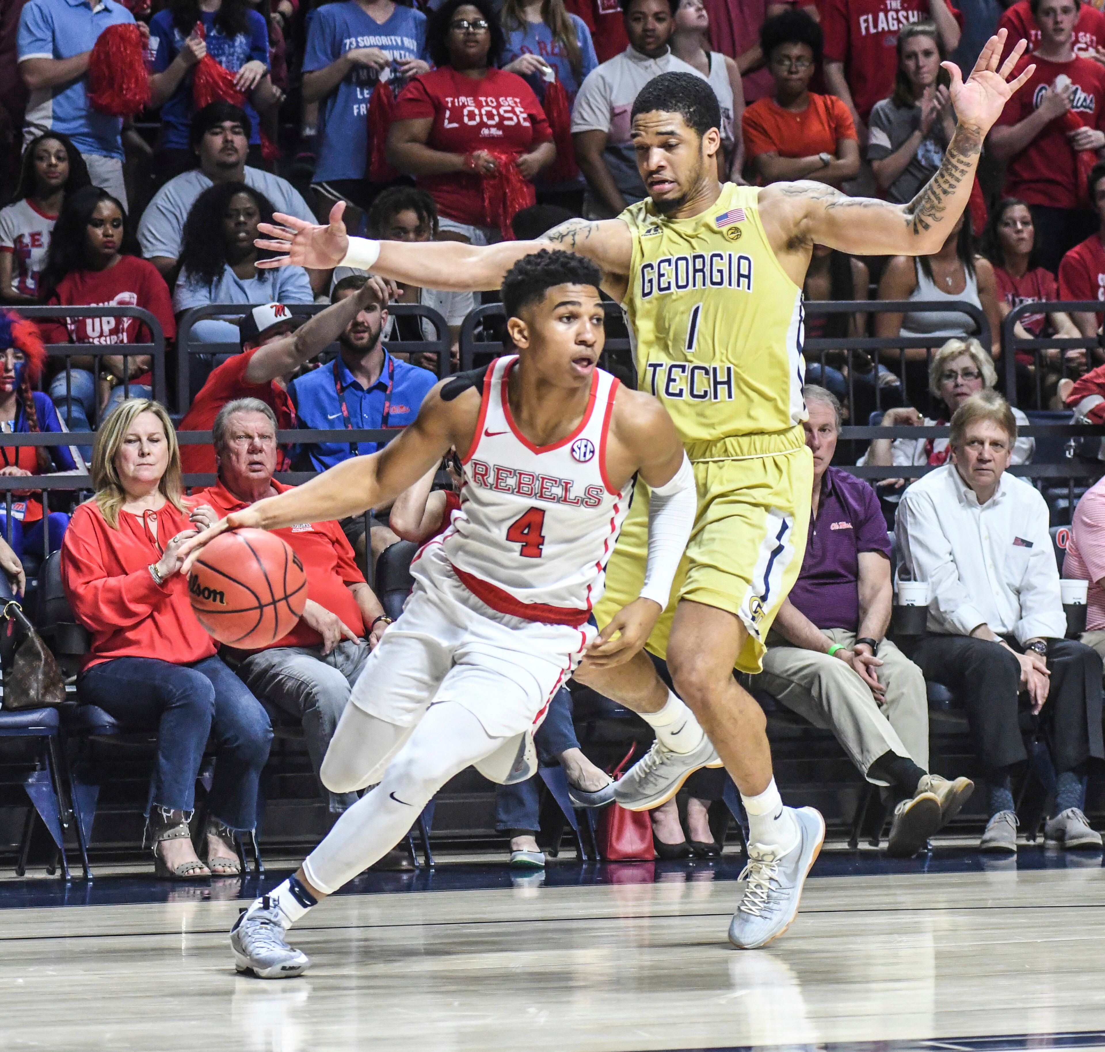 Mississippi guard Breein Tyree (4) drives against Georgia Tech guard Tadric Jackson (1) during an NCAA college basketball game in the quarterfinals of the NIT on Tuesday, March 21, 2017, in Oxford, Miss. (Bruce Newman/The Oxford Eagle via AP)