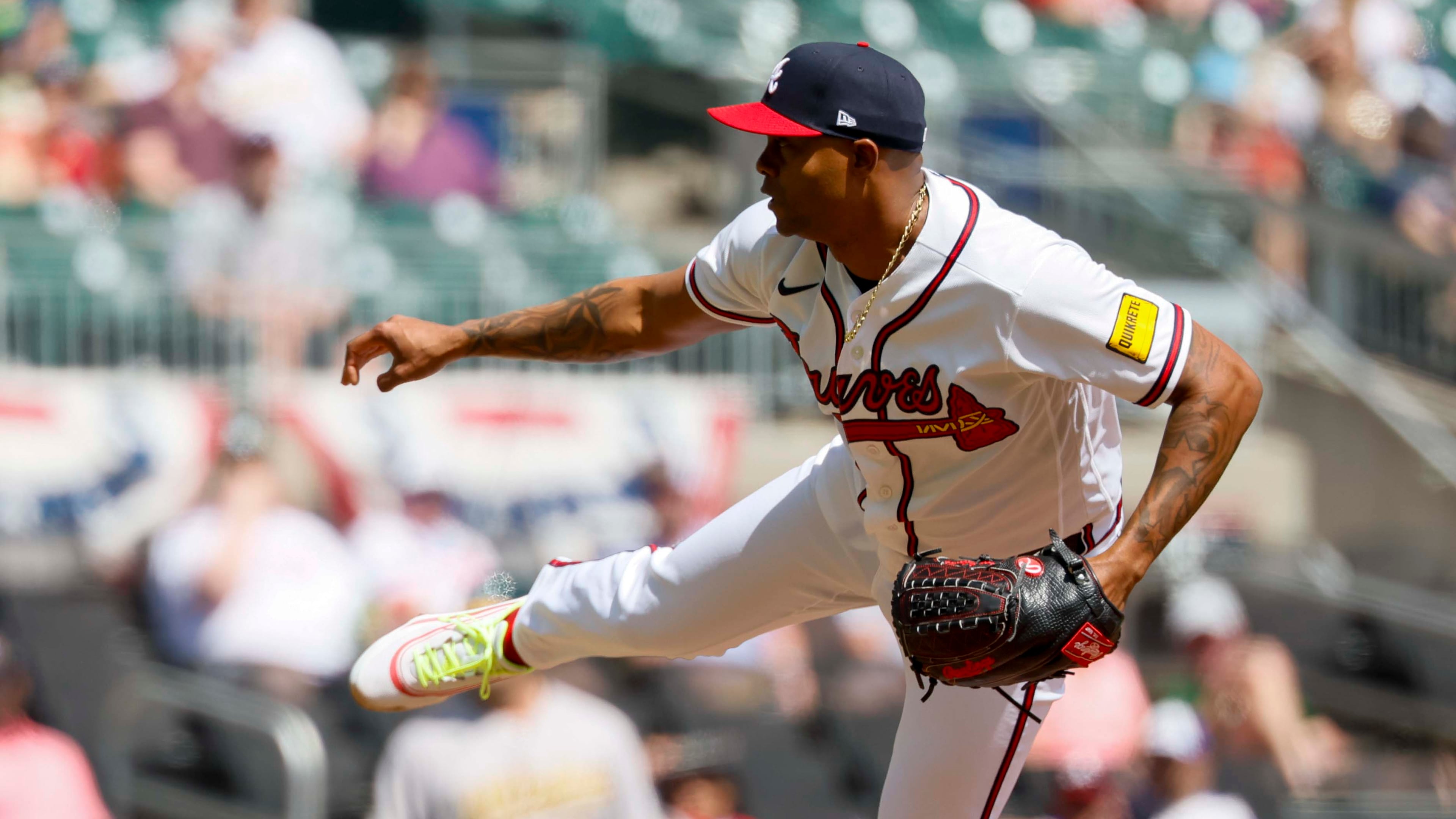 Braves closer Raisel Iglesias — pictured in the ninth inning of a game Wednesday, April 1, 2026, against the A's — goes on the injured list backdated to Monday, meaning he will be eligible to return the first week of May. (Miguel Martinez/AJC)