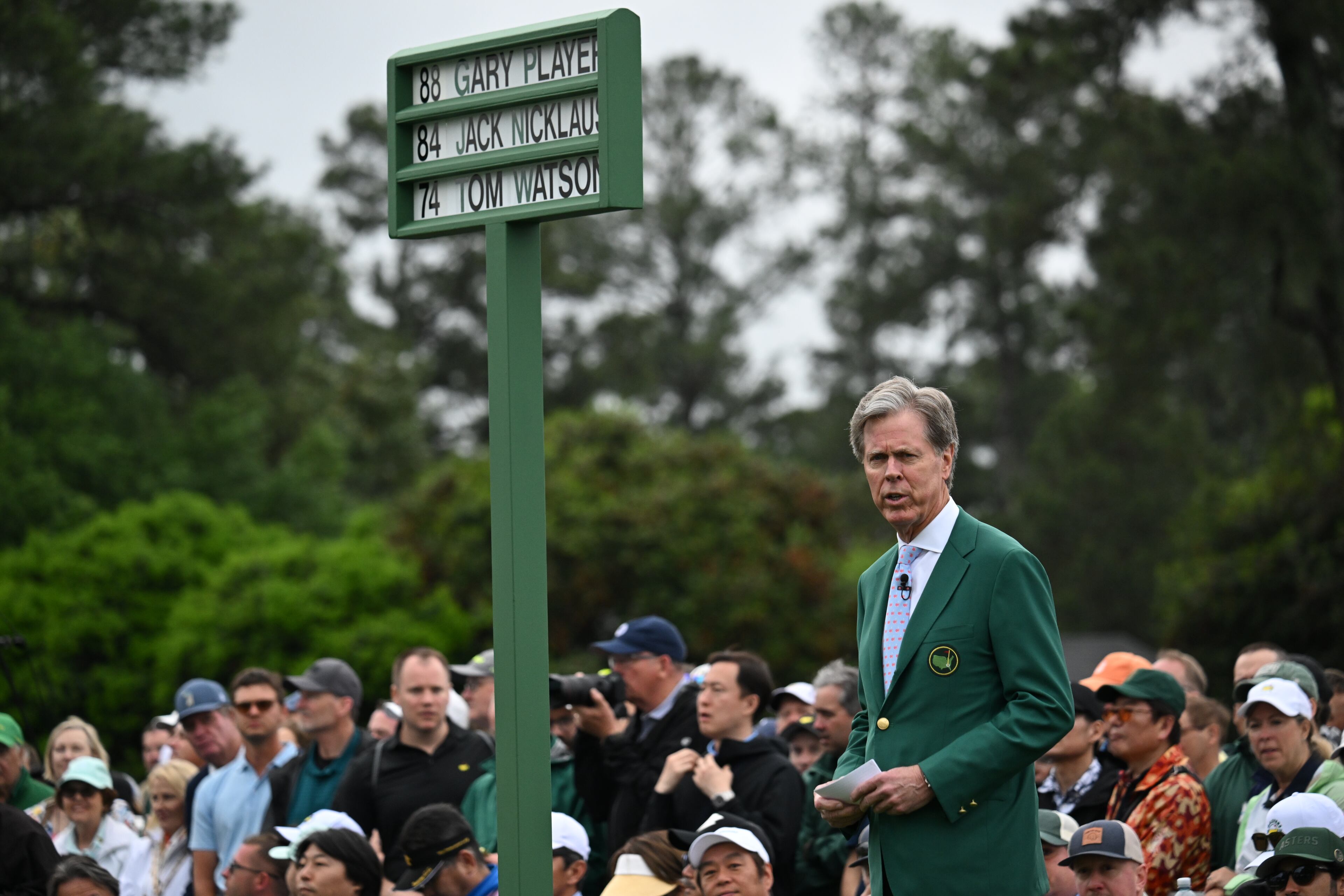 Augusta National Golf Club Chairman Fred Ridley announces the Honorary Starters of the 2024 Masters Tournament at Augusta National Golf Club, Thursday, April 11, 2024, in Augusta, Ga. (Hyosub Shin / Hyosub.Shin@ajc.com)