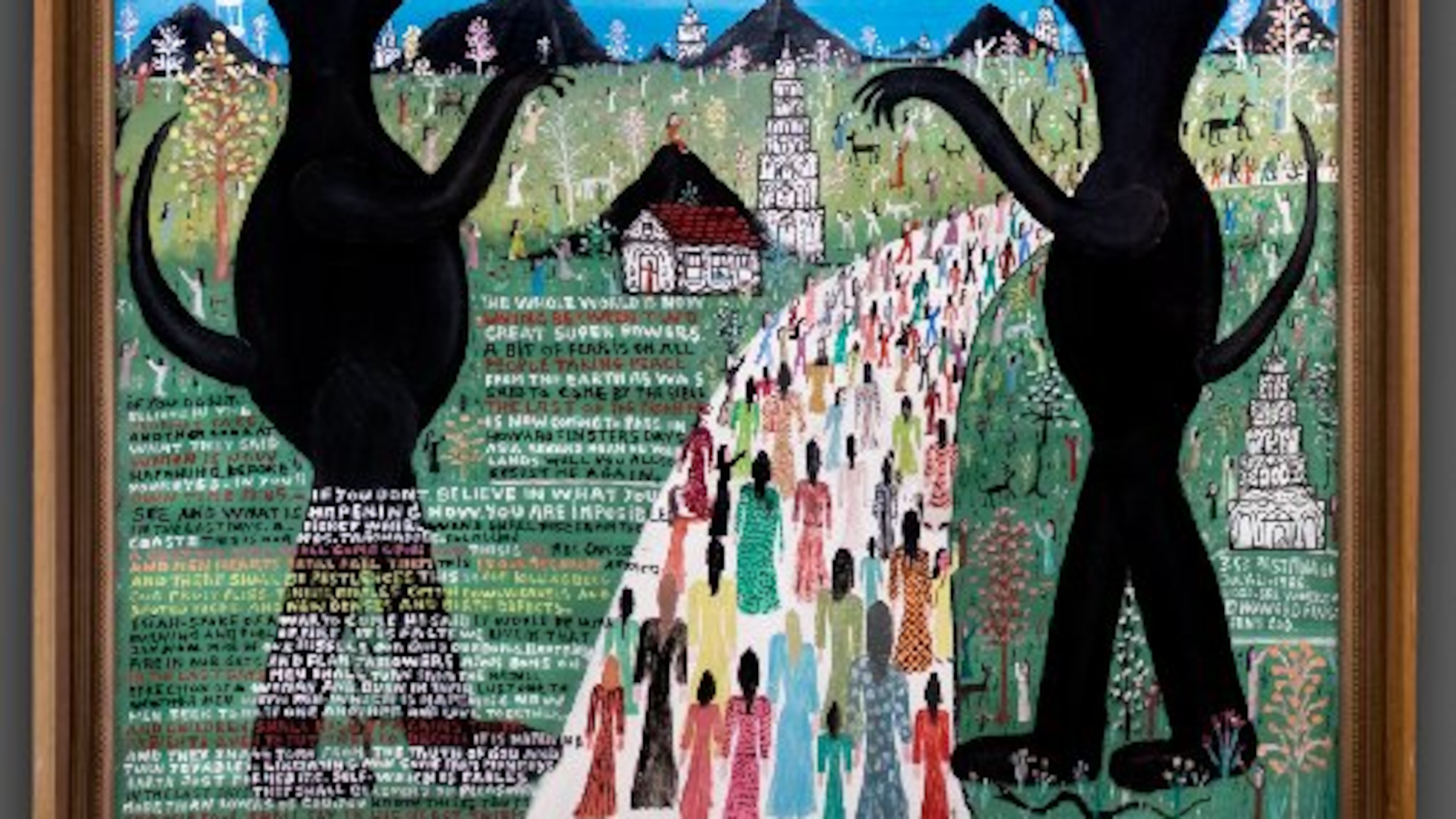 Howard Finster's "Super Powers" (1984) is on view in the exhibit "The Visionary Experience: Saint Francis to Finster" at the American Visionary Art Museum in Baltimore.