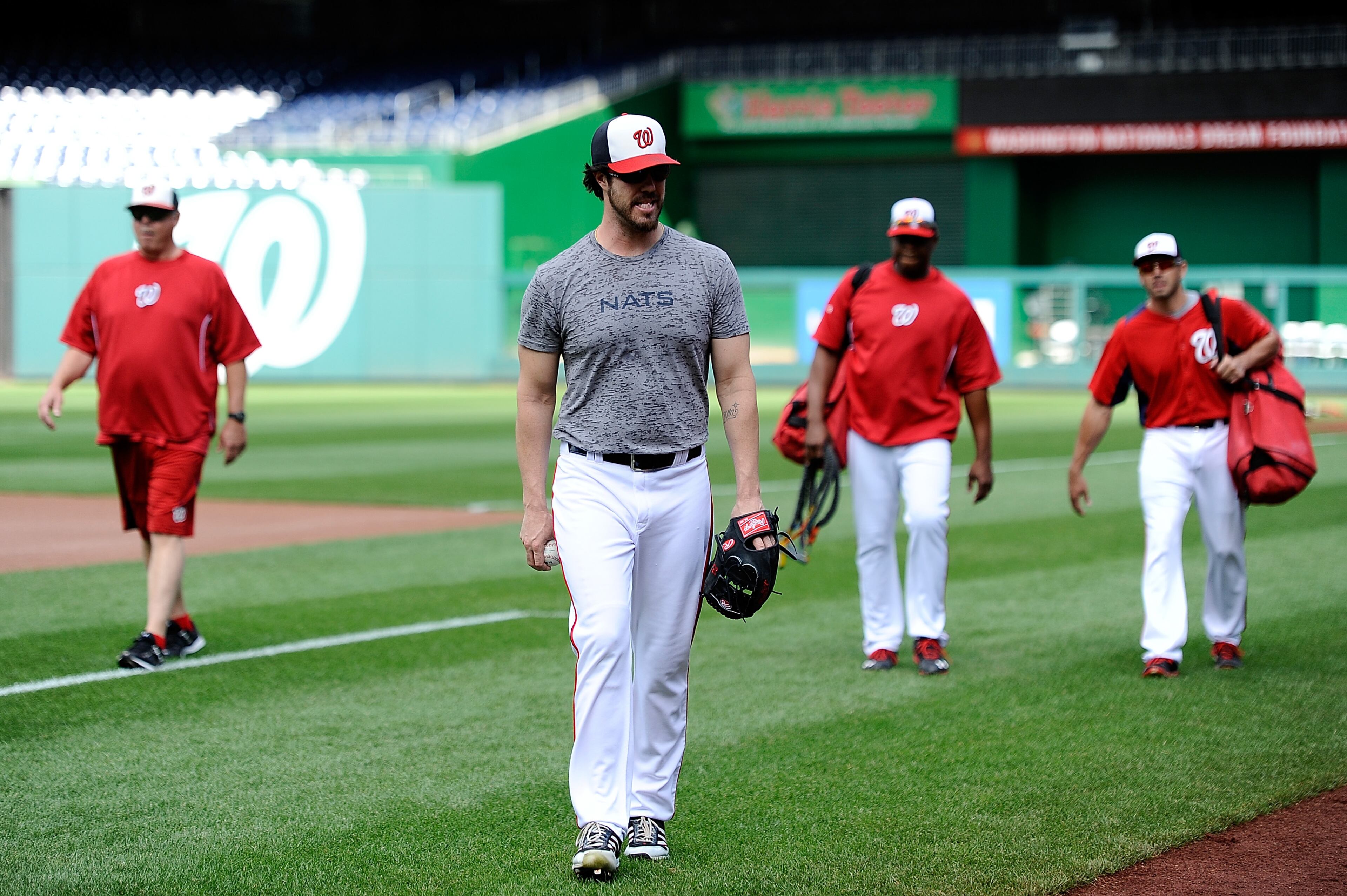 Starting pitcher Dan Haren of the Washington Nationals walks back to the dugout at Nationals Park on Sept. 16, 2013, in Washington, D.C.