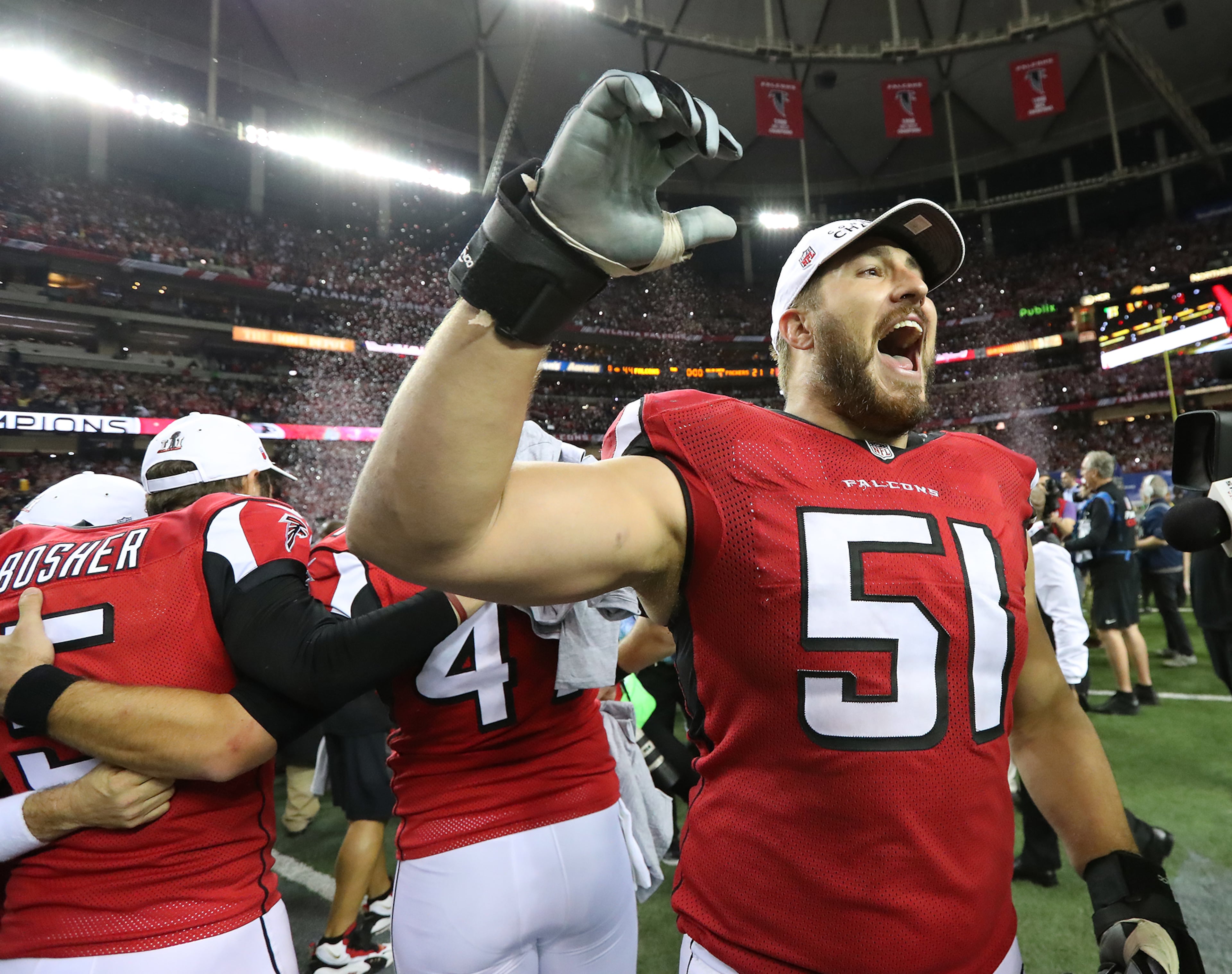 January 22, 2017, Atlanta: Falcons center Alex Mack celebrates beating the Packers 44-21 in the NFL football NFC Championship game to advance to the Super Bowl on Sunday, Jan. 22, 2017, in Atlanta. Curtis Compton/ccompton@ajc.com