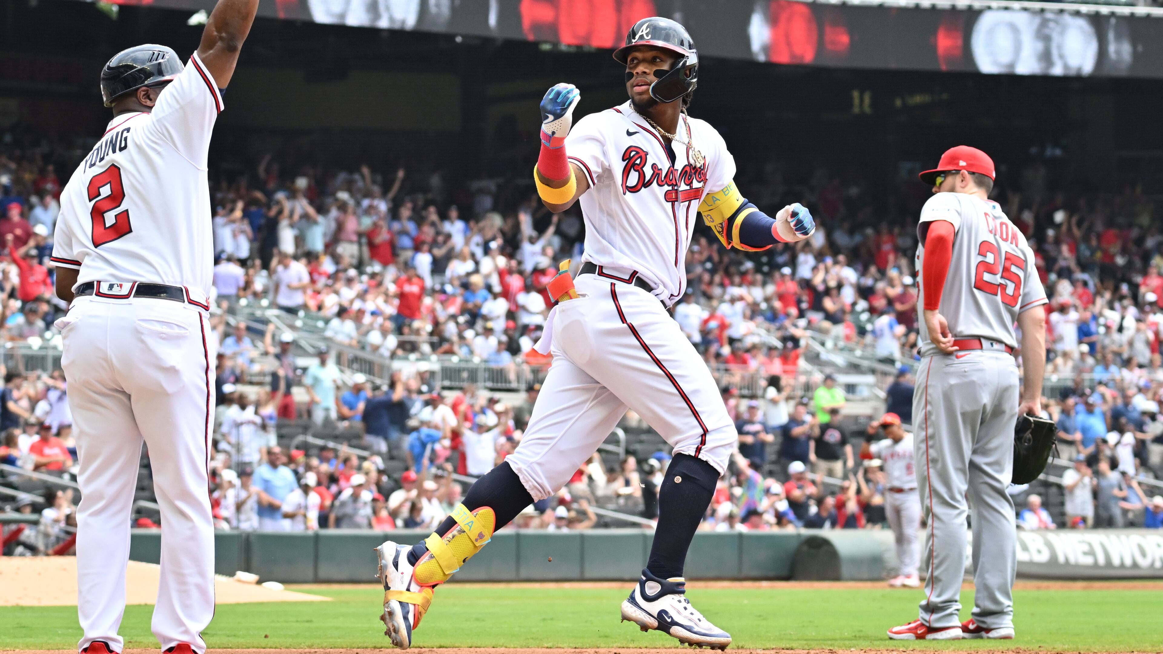 Braves right fielder Ronald Acuna Jr. hits three run home run against the Angels during the third inning at Truist Park, Wednesday, August 2, 2023, in Atlanta. (Hyosub Shin / Hyosub.Shin@ajc.com)