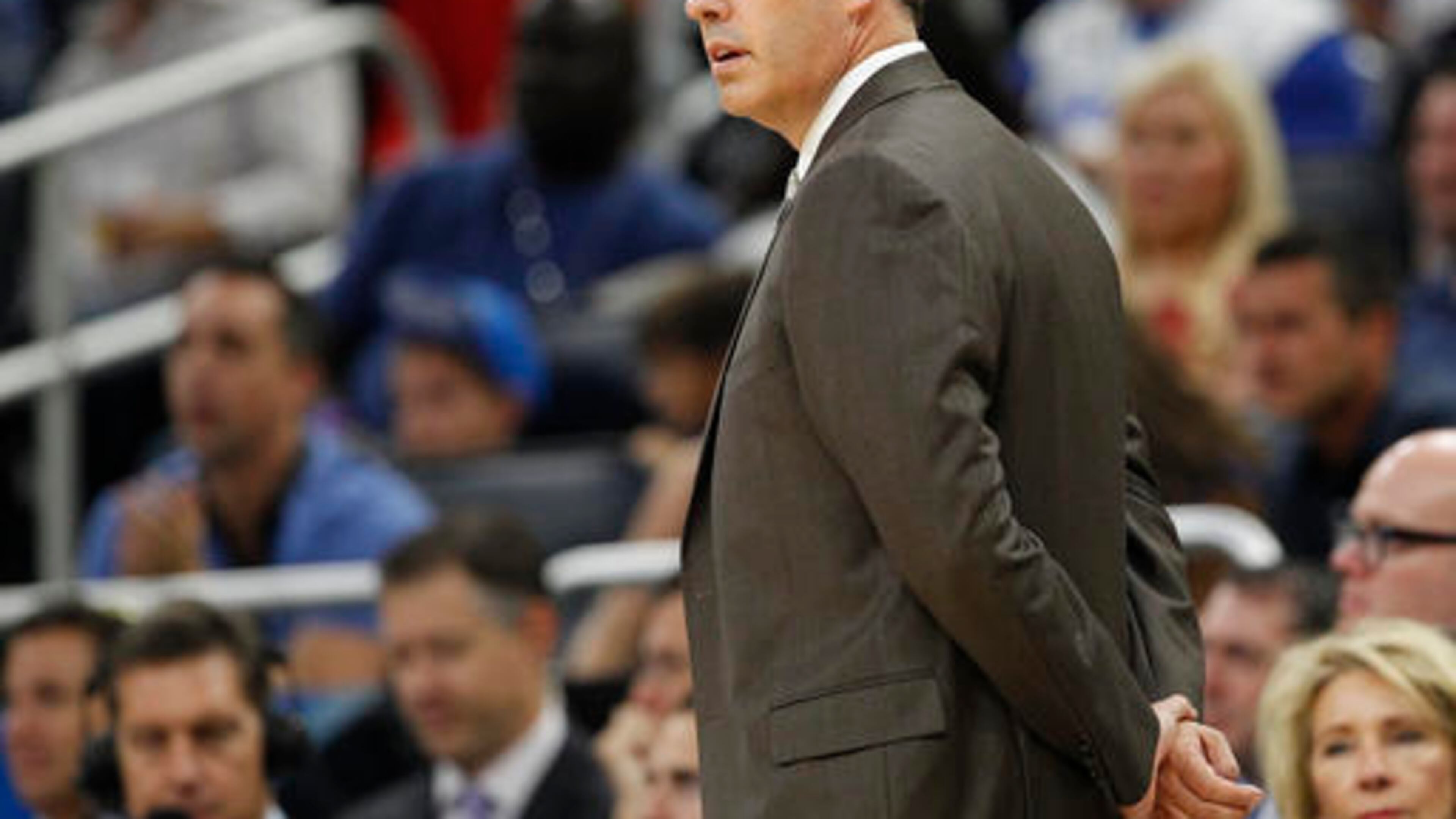 Orlando Magic head coach Frank Vogel walks the sidelines during the second half of an NBA basketball game against the Washington Wizards in Orlando, Fla., on Saturday, Nov. 5, 2016. The Magic won 88-86. (AP Photo/Reinhold Matay)
