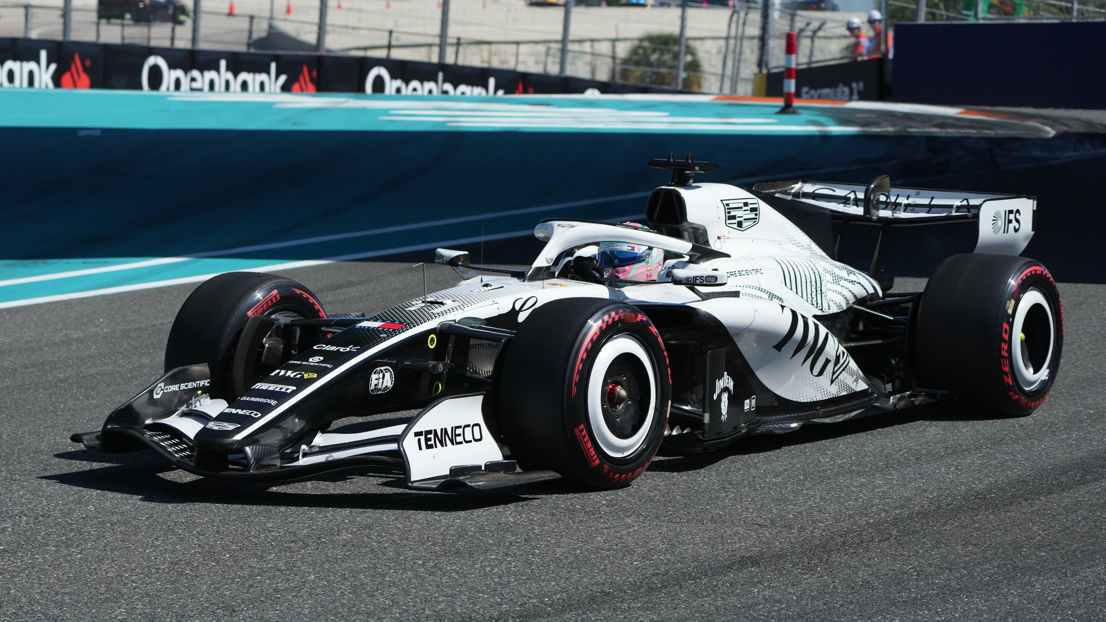 Cadillac driver Sergio Perez of Mexico steers his car during a qualifying session for the Miami Formula One Grand Prix auto race, Saturday, May 2, 2026, in Miami Gardens, Fla. (AP Photo/Lynne Sladky)
