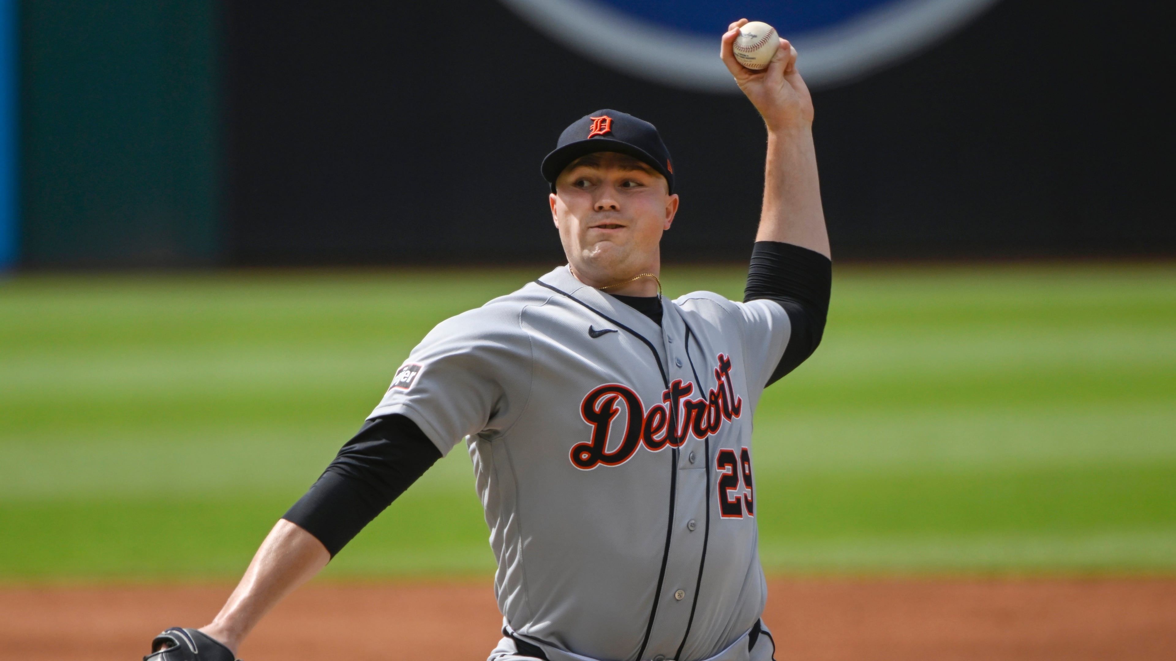 Detroit Tigers starting pitcher Tarik Skubal delivers against the Cleveland Guardians during the first inning of a baseball game, Saturday, June 13, 2026, in Cleveland. (AP Photo/Phil Long)