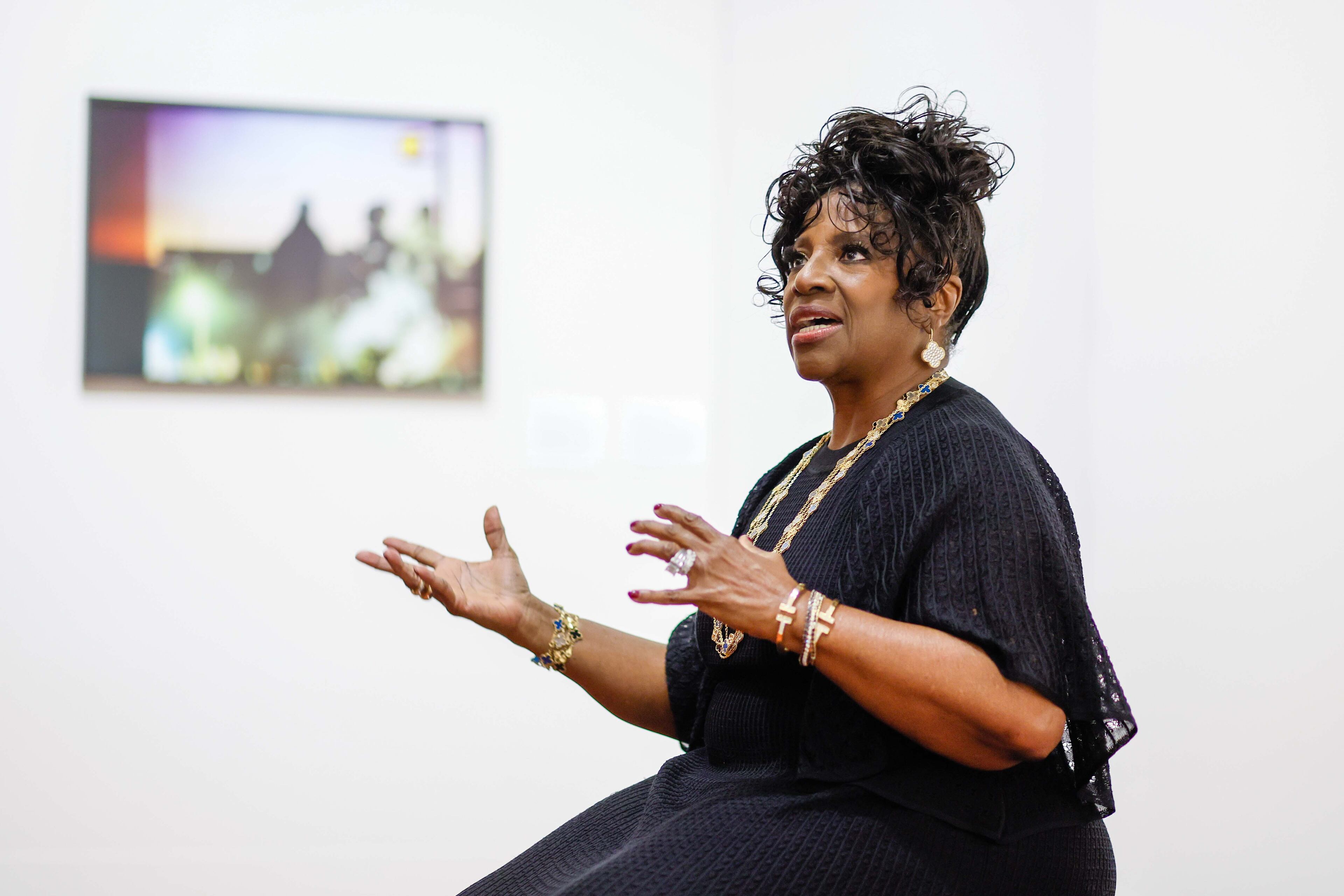LaTanya Richardson Jackson, the wife of the renowned actor Samuel L. Jackson, shares her thoughts with reporters at Spelman College on Thursday, October 24, 2024, moments before the newly renovated Performing Arts Center dedicated in their name. (Miguel Martinez / AJC)