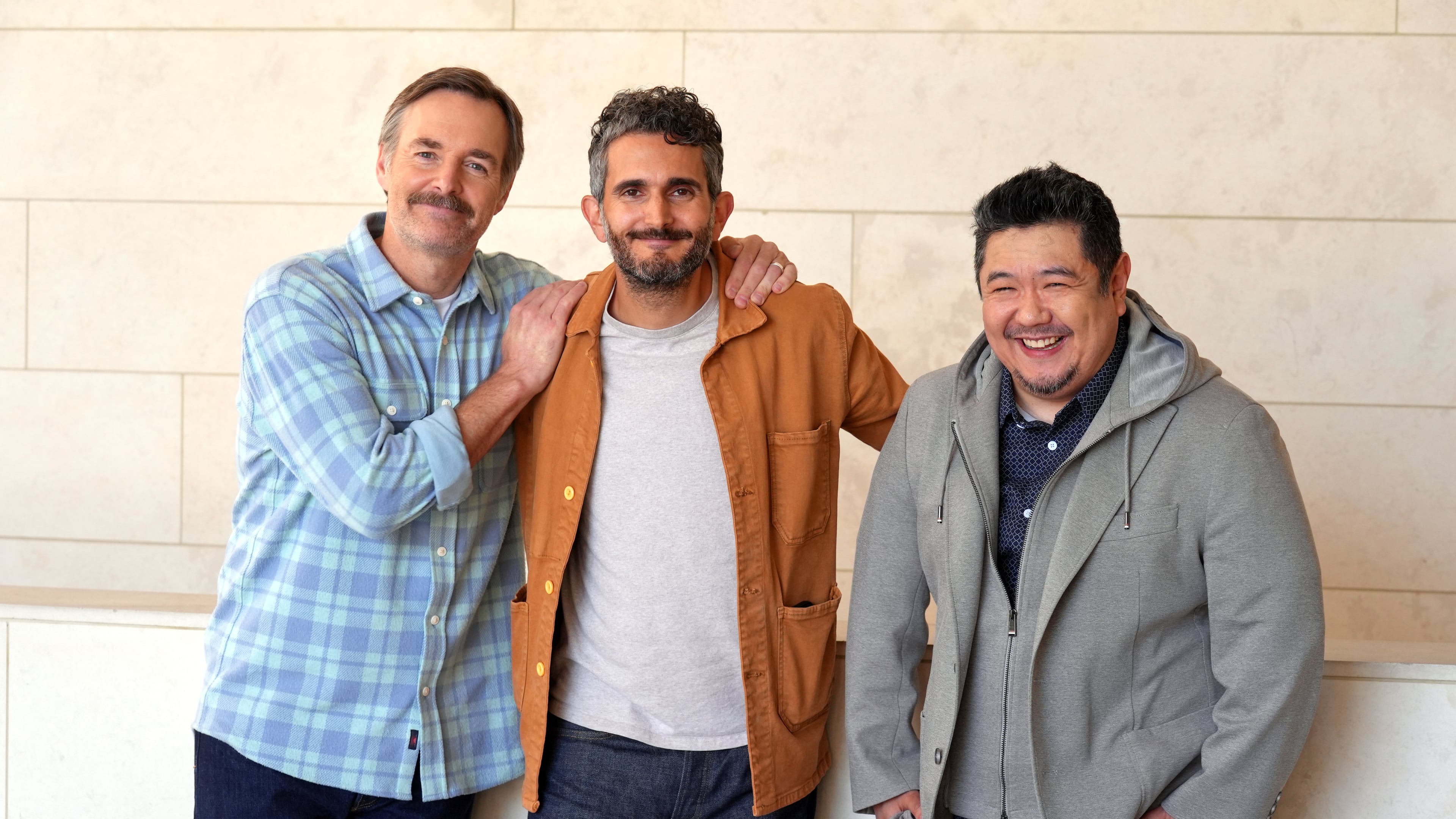Director Dave Green, center, poses for a portrait with Will Forte, left, and Eric Bauza to promote the film "Coyote vs. Acme" on Tuesday, June 9, 2026, in Los Angeles. (AP Photo/Chris Pizzello)